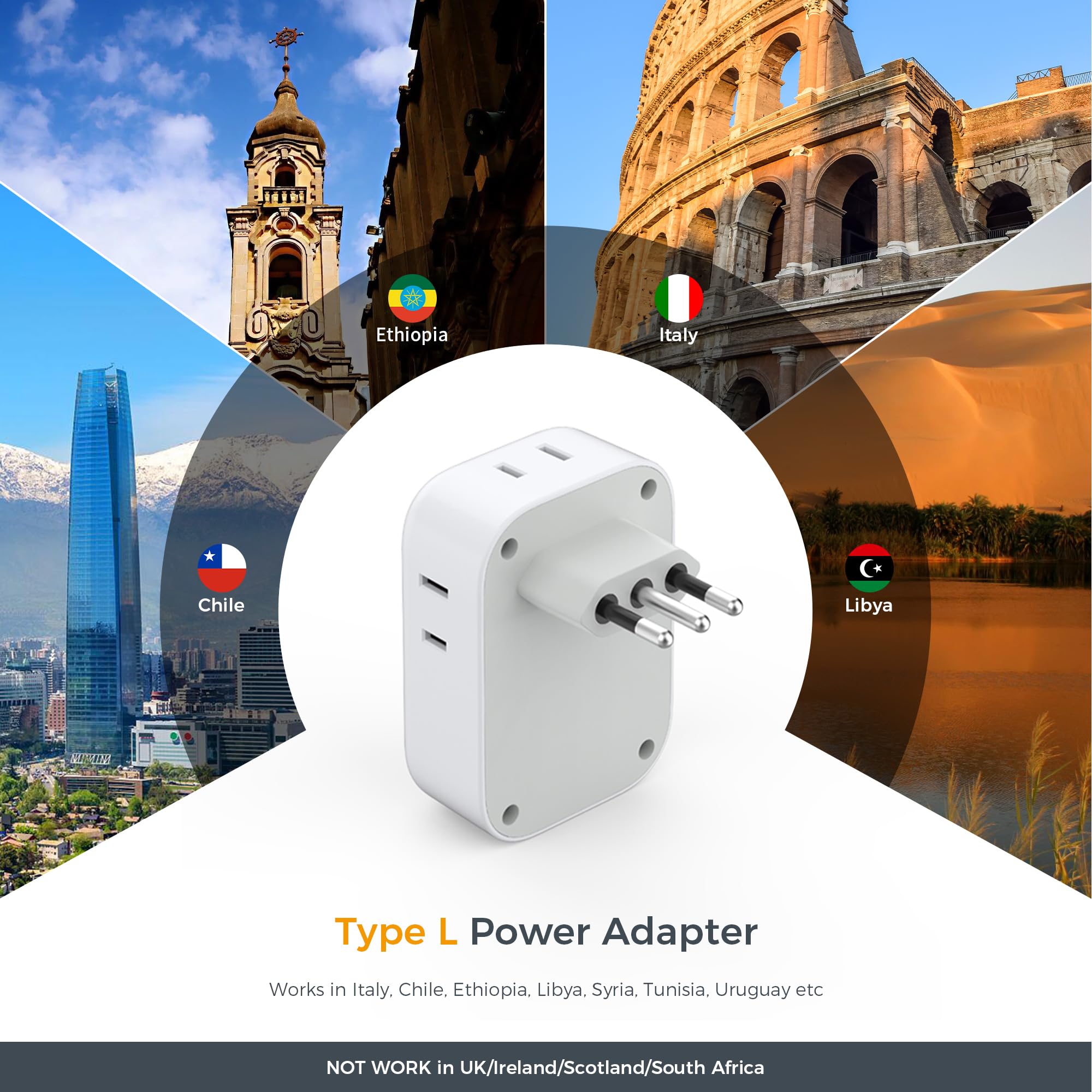 Italy Travel Plug Adapter, Tessan Type L Adapter For Travel With 4 Outlets 3 Usb Ports (1 Usb C), Power Adaptor For Us To Italy