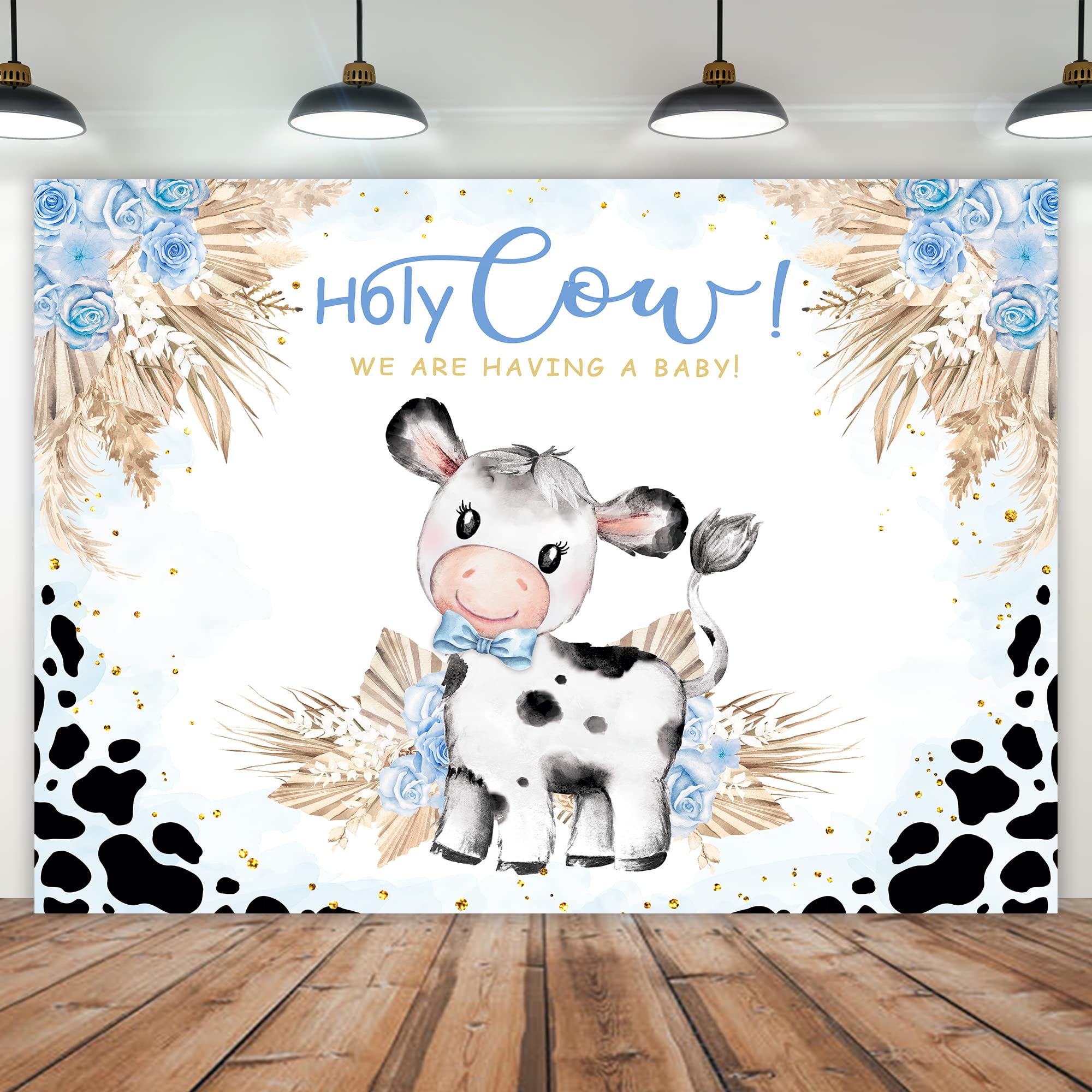 Imirell Holy Cow Baby Shower Backdrop 7Wx5H Feet Farm Blue Cow Print Boys Cowboy Floral Pampas Kids Polyester Fabric Newborn Bir