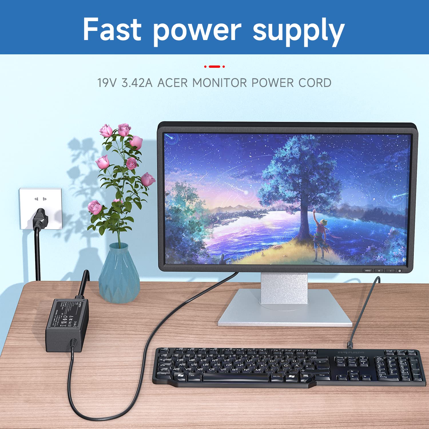 19V Power Cord For Acer Lcd Monitor S231Hl S232Hl S202Hl S230Hl, Ac/Dc Adapter For H236Hl G246Hl H276Hl G276Hl G236Hl S240Hl S22