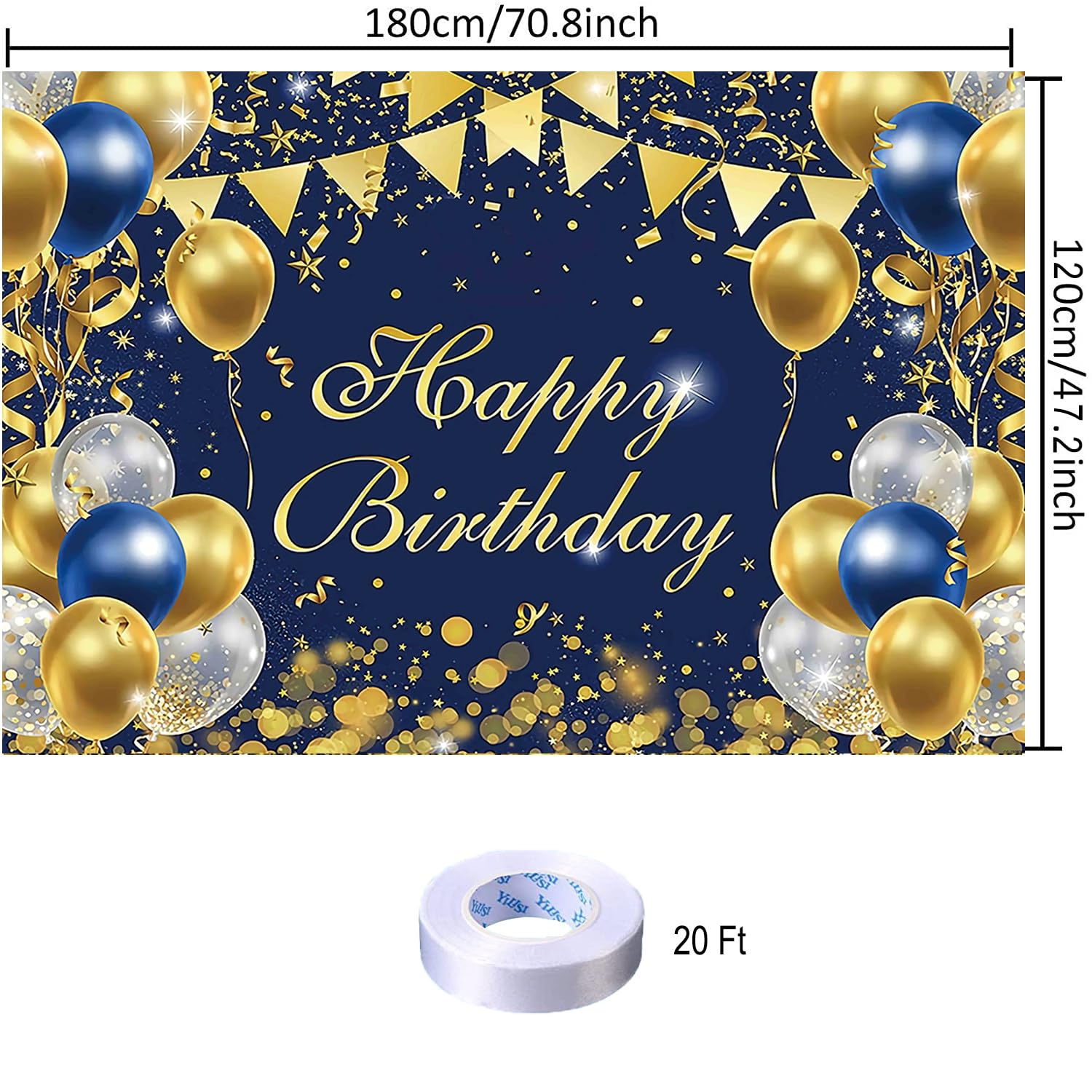 Blue Gold Birthday Party Backdrop Blue Gold Happy Birthday Banner Blue Gold Photography Background For Home Decorations Party Su
