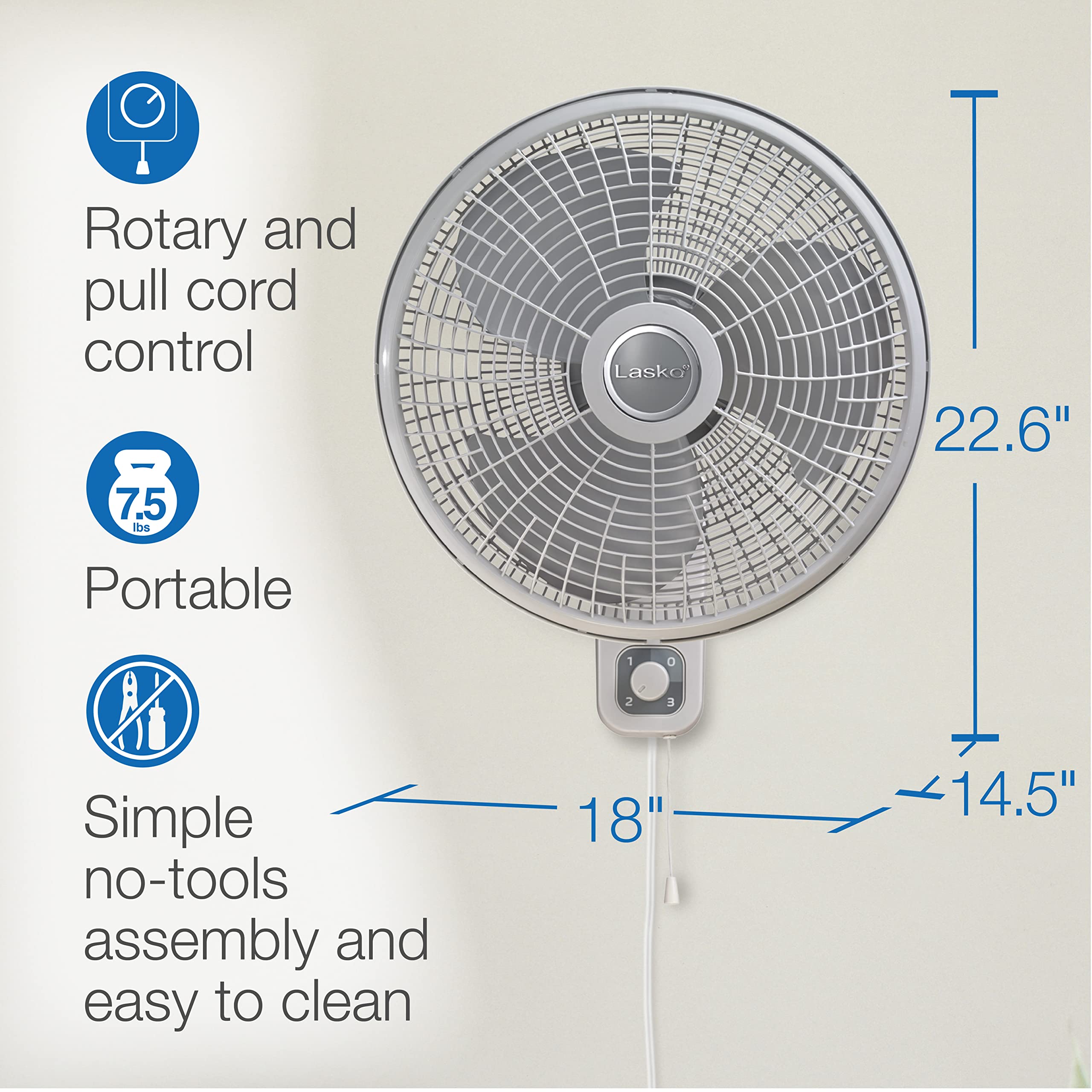 Lasko 16'' 3 Speed Oscillating Wall Mount Fan For Indoor Use, M16900, Light Grey