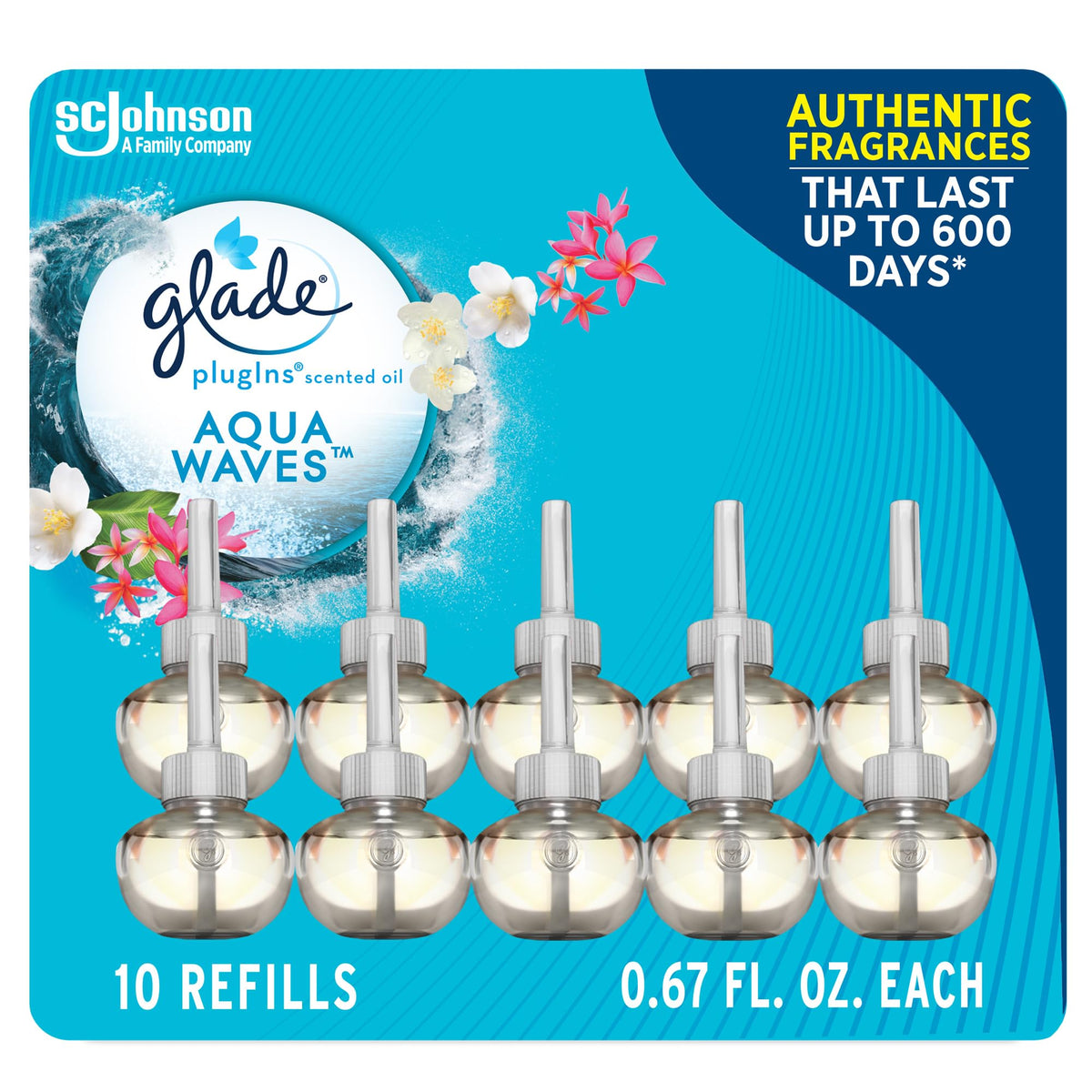Glade Plugins Scented Oil 10 Refills, Air Freshener, Aqua Waves, 10 X 0.67 Oz, Packaging May Vary