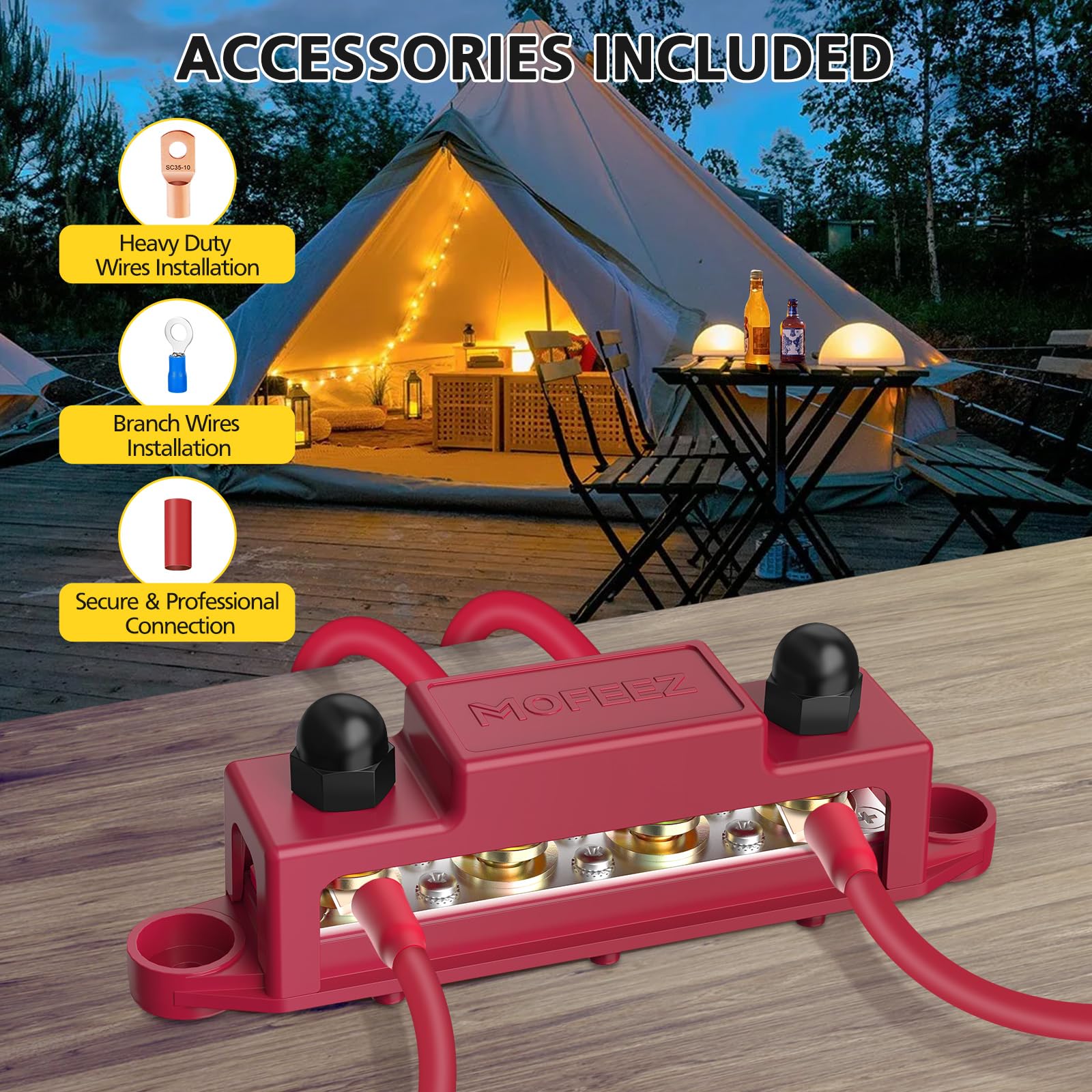 Mofeez Power Distribution Block Bus Bar, 4 X 3/8' Post Marine Bus Bar Battery Busbar Terminal Block With Cover, Lugs, Ring Terminals (Pair, Red & Black)