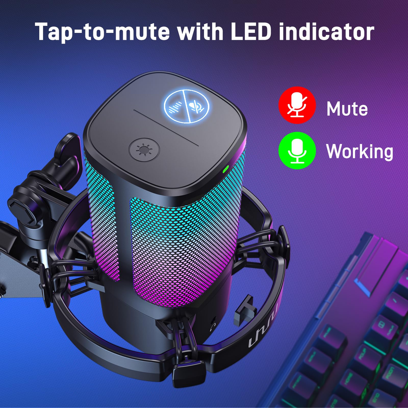 Uhuru Gaming Usb Microphone For Pc, Computer Mic With Controllable Rgb For Ps4/5 Gamers, Podcast Mic With Boom Arm, Noise Cancel