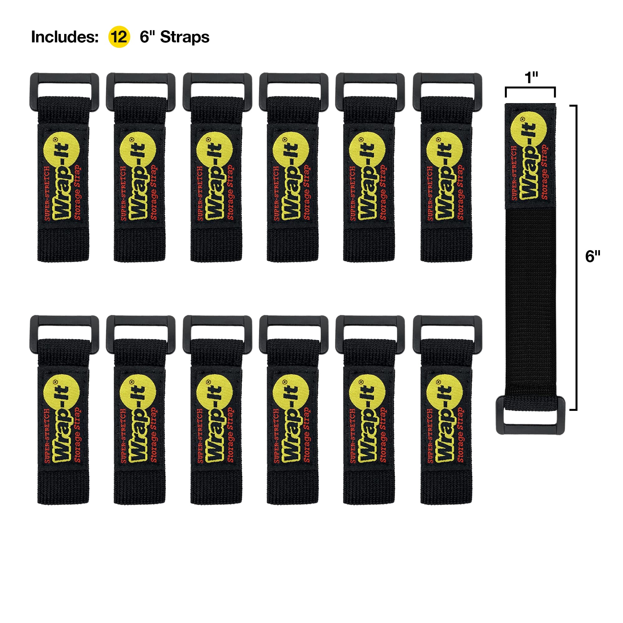 Wrap-It Storage Super-Stretch Hook and Loop Storage Straps Polypropylene Nylon Black 6-inch 12-Pack