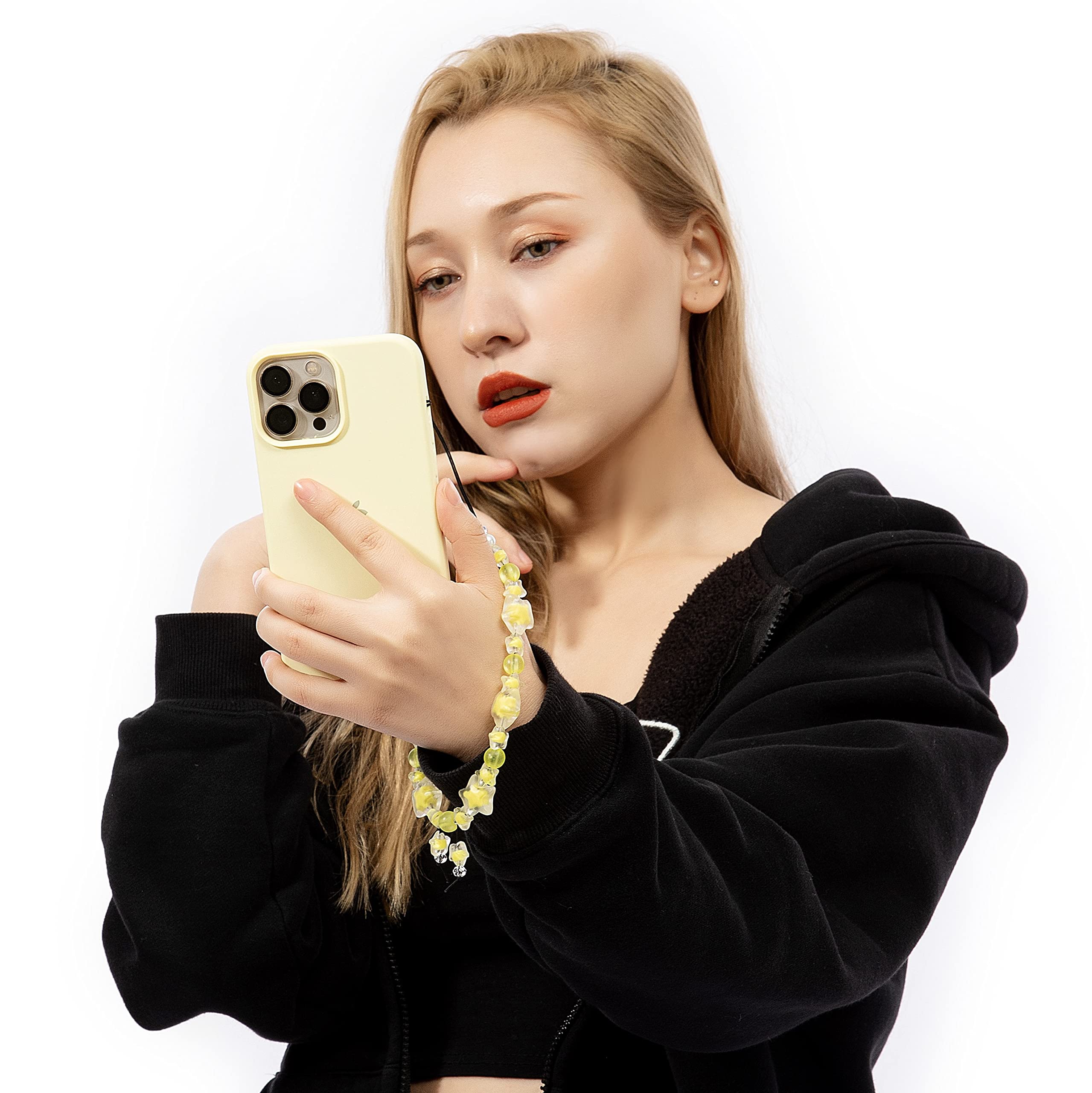 Fechdoo Bracelet Wrist Strap Women Phone Chain, Phone Charms Handmade Beaded Lanyard Chain, Phone Charm Accessories Yellow Star