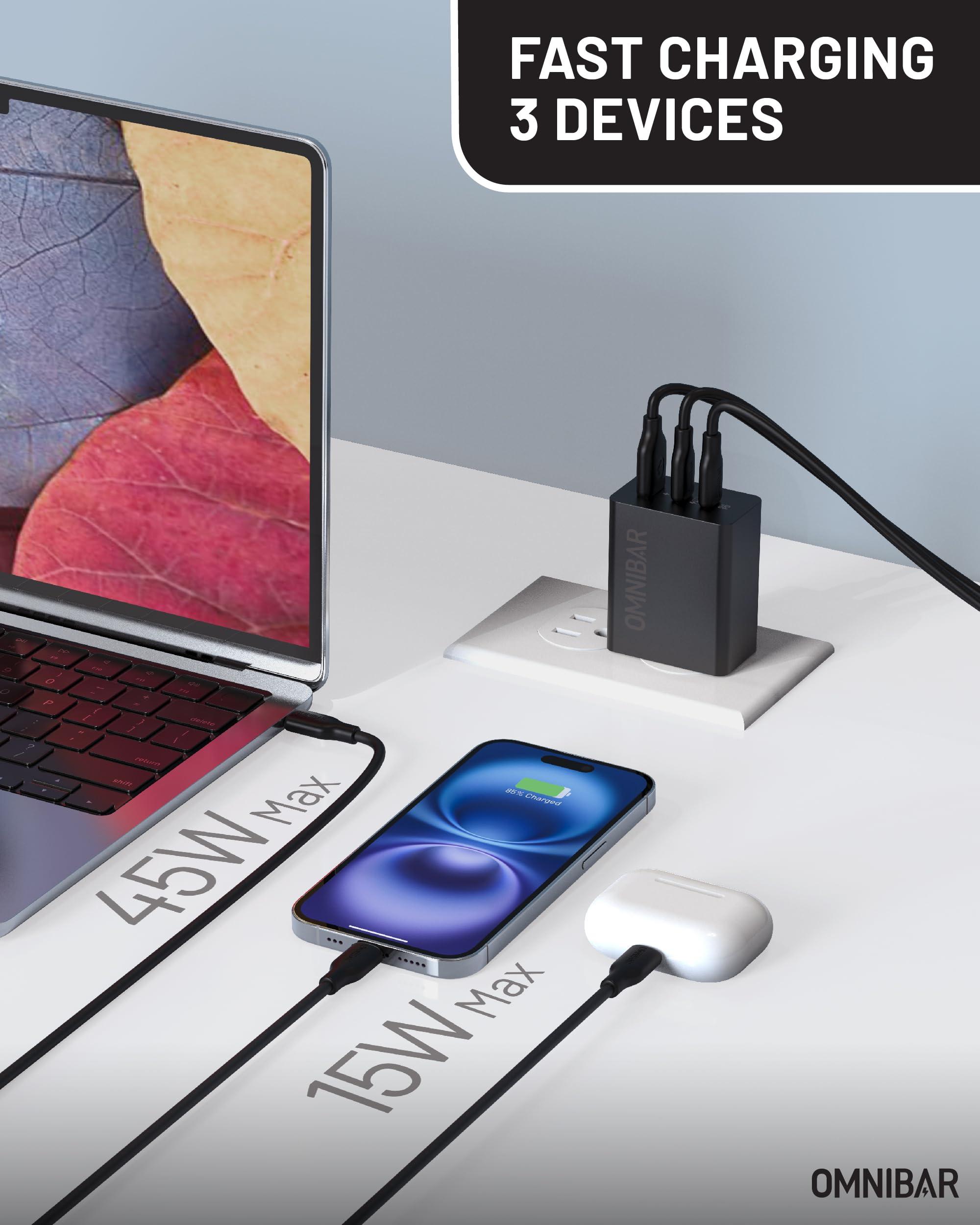 Omnibar 65W Usb C Charger, 3-Port Gan Foldable Fast Wall Charger Block,Pd3.0 Pps Usb-C Power Adapter For Macbook Pro/Air, Dell X