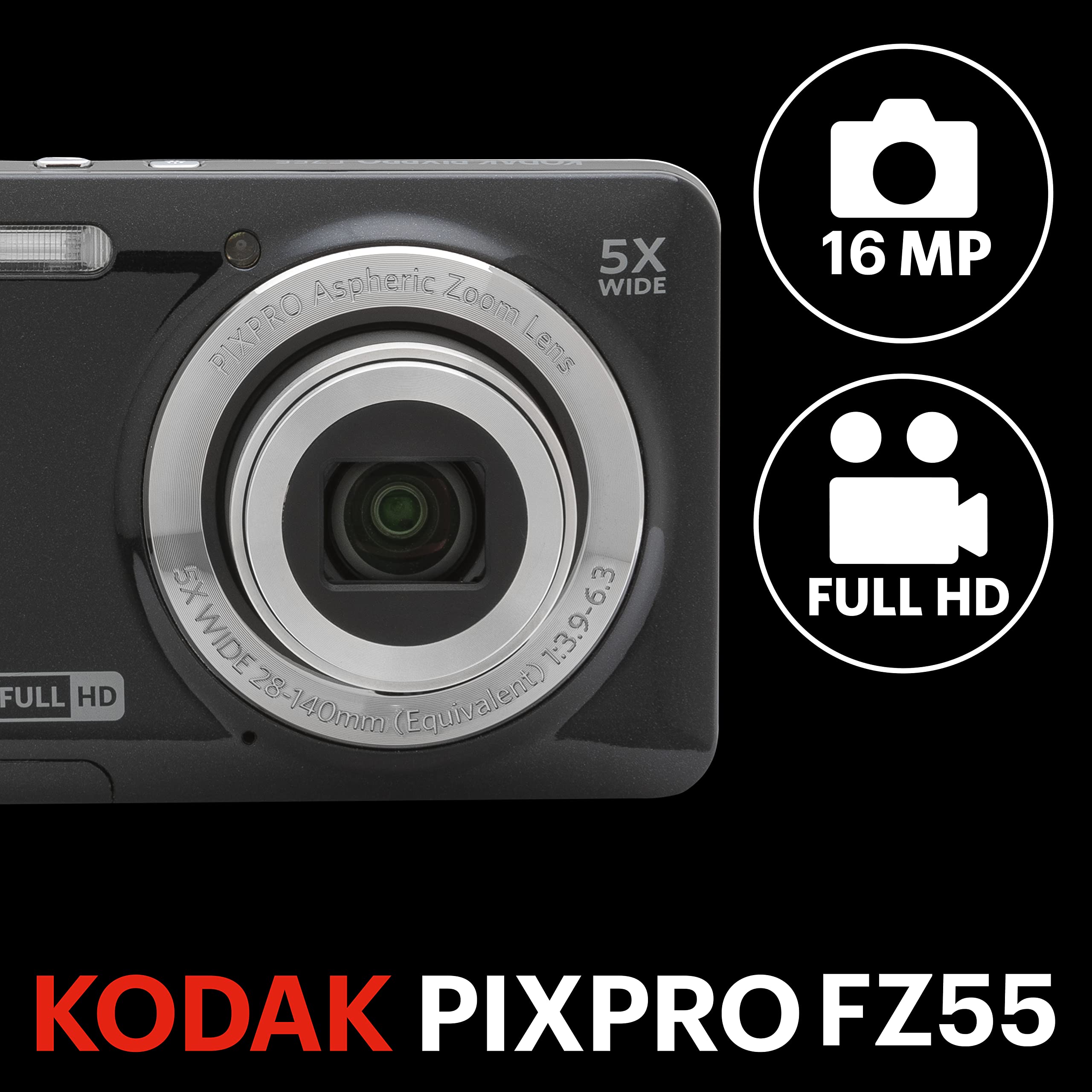 Kodak Pixpro Fz55-Bk 16Mp Cmos Sensor Digital Camera 5X Optical Zoom 28Mm Wide Angle 1080P Full Hd Video 2.7 Lcd Vlogging Camera