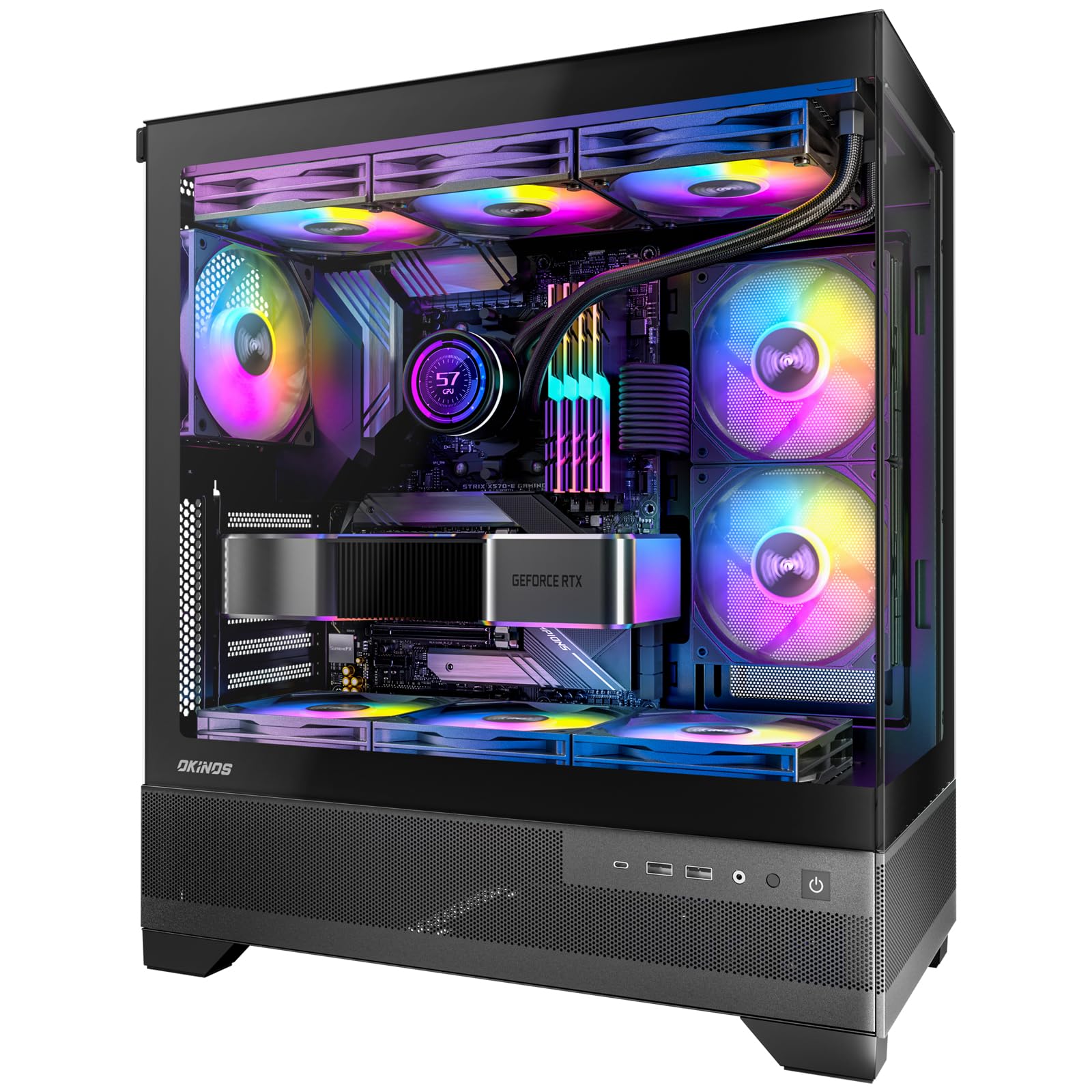 Okinos Aqua 7, Pre Installed 6    120Mm Pwm Argb Fan, Atx Mid Tower Pc Case, Computer Case With Panoramic View Tempered Glass Fr