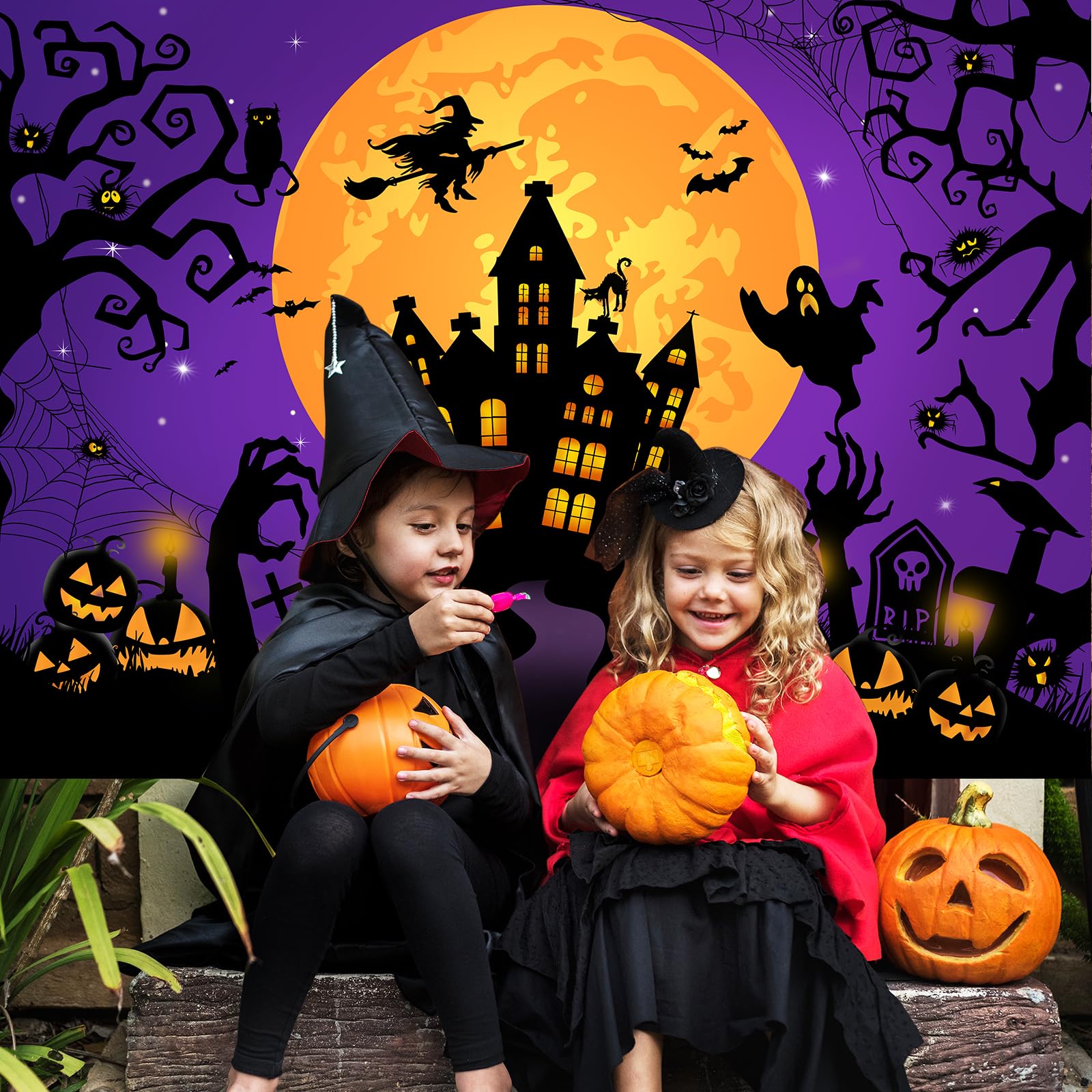 Avezano Halloween Backdrop Horror Moon Night Halloween Backdrops For Parties Haunted Castle Scary Pumpkin Lantern Witch Full Moo