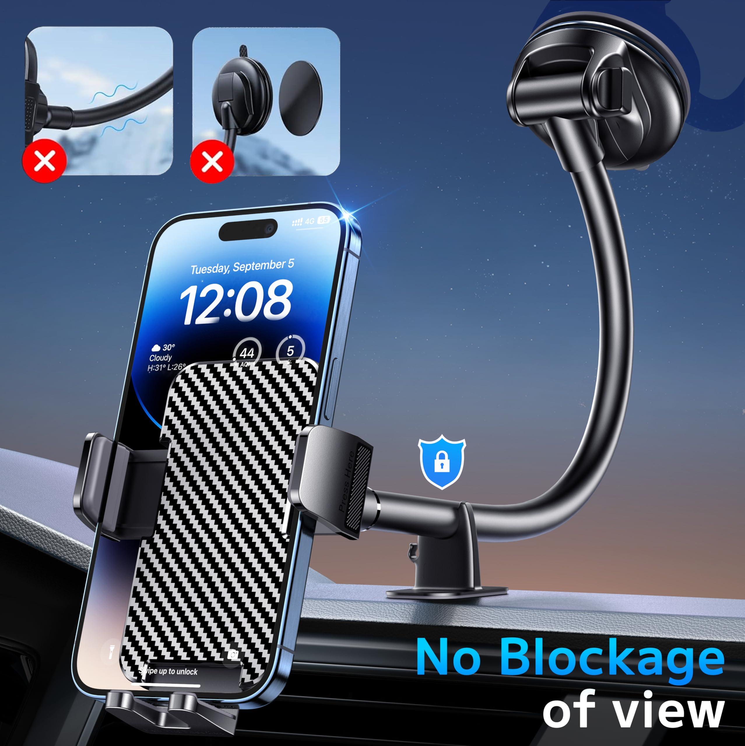 Bipopibo Phone Holders For Your Car [Long Flexible Neck] Car Phone Mount [Anti-Shake Stabilizer] Cell Phone Holder Car For Dashb