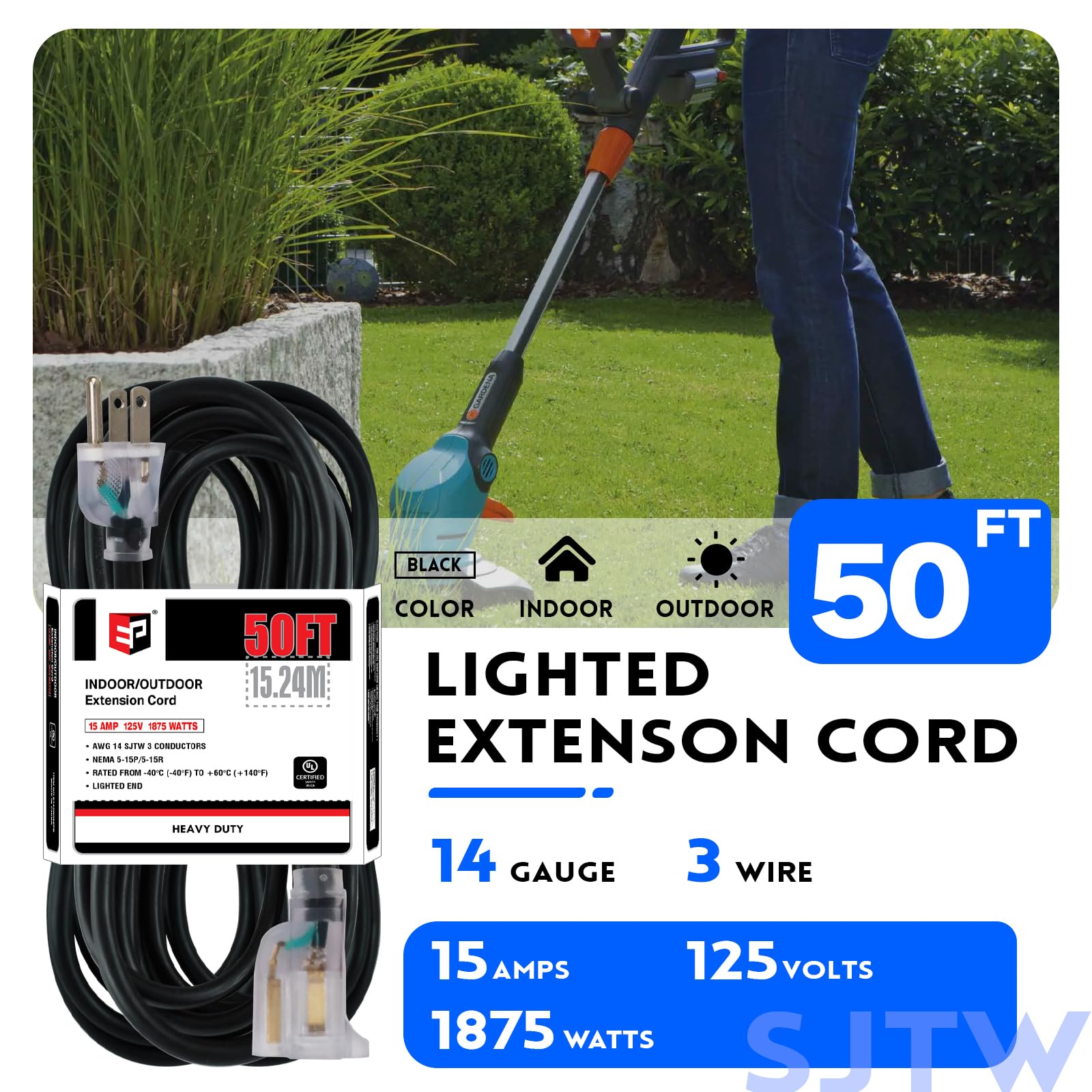 Ep 50Ft 14/3 Lighted Outdoor Extension Cord   14 Gauge 3 Prong Sjtw Heavy Duty Black Extension Cable With 3 Prong Grounded Plug