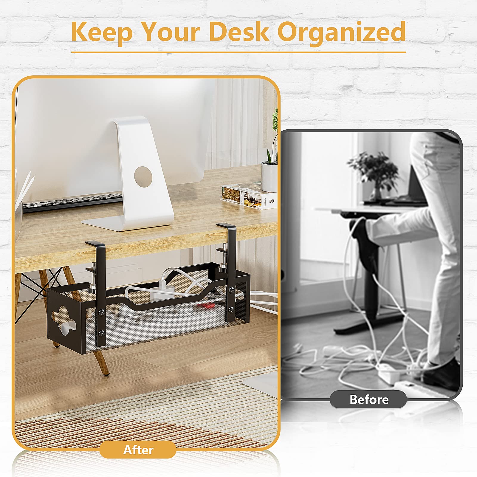 Quszmd Under Desk Cable Management Tray - Black, 13.38, Easy Install, No Damage to Desk, Cord Organizer for Standing Desks
