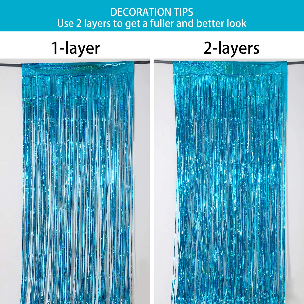 Melsan 2 Pack 3.2 Ft X 8.2 Ft Teal Tinsel Foil Fringe Curtains Backdrop, Sparkle Metallic Foil Curtains For Birthday Party Decor