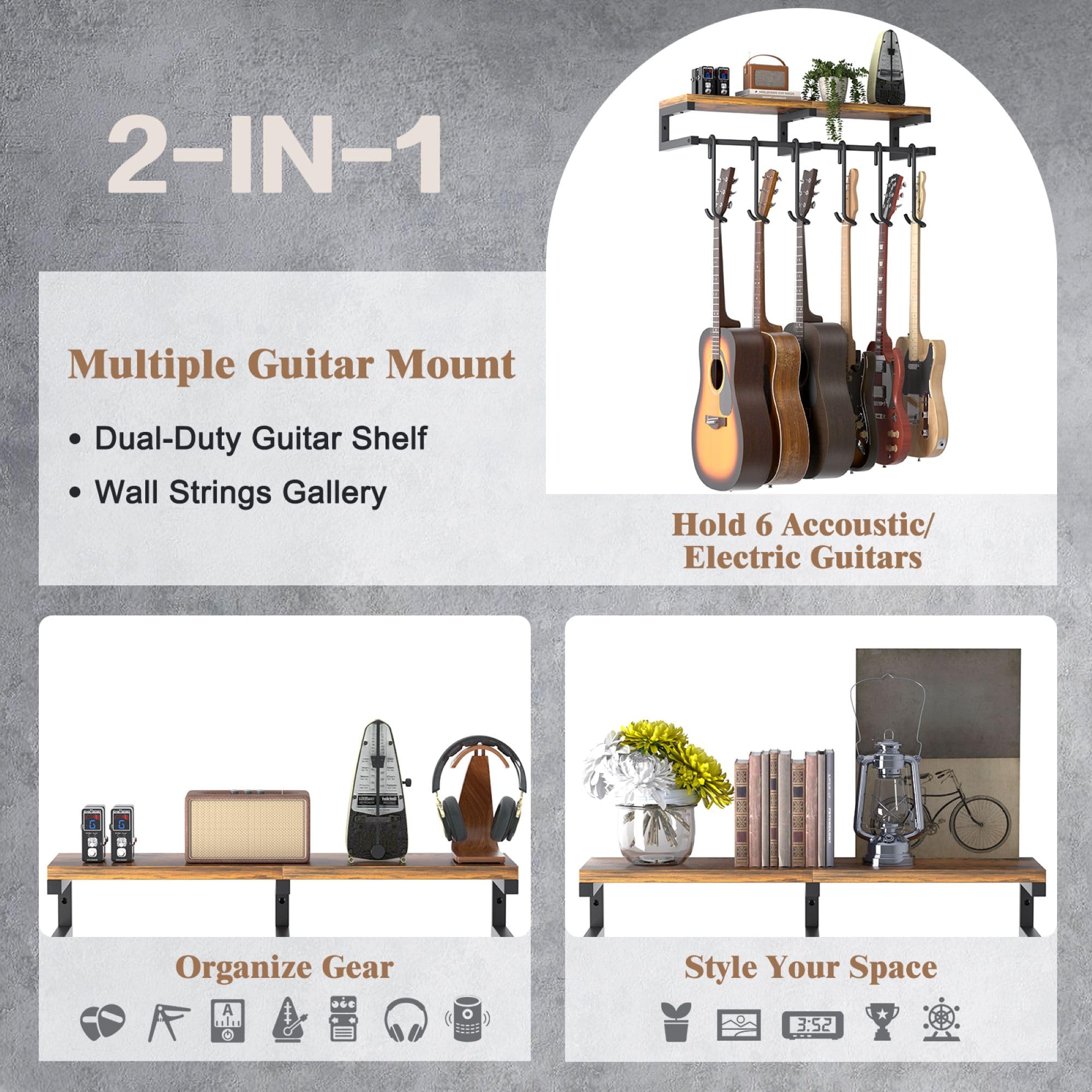Keebofly Multiple Guitar Wall Mount Hangers With 6-Detachable Hooks & Rustic Shelf - Universal Fit For Acoustic, Electric, Bass