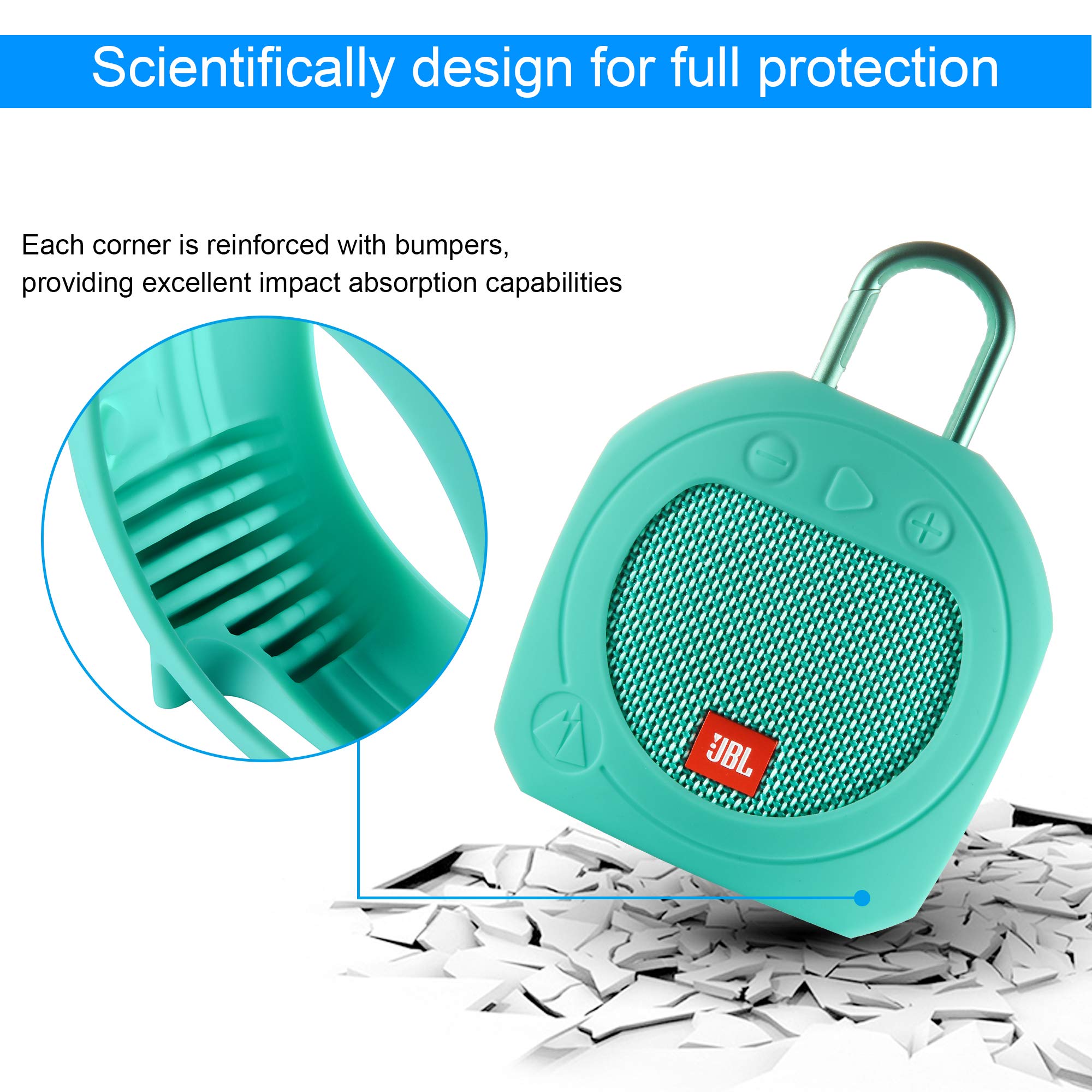 Txesign Protective Silicone Stand Up Case For Jbl Clip 3 Waterproof Portable Bluetooth Speaker (Teal)