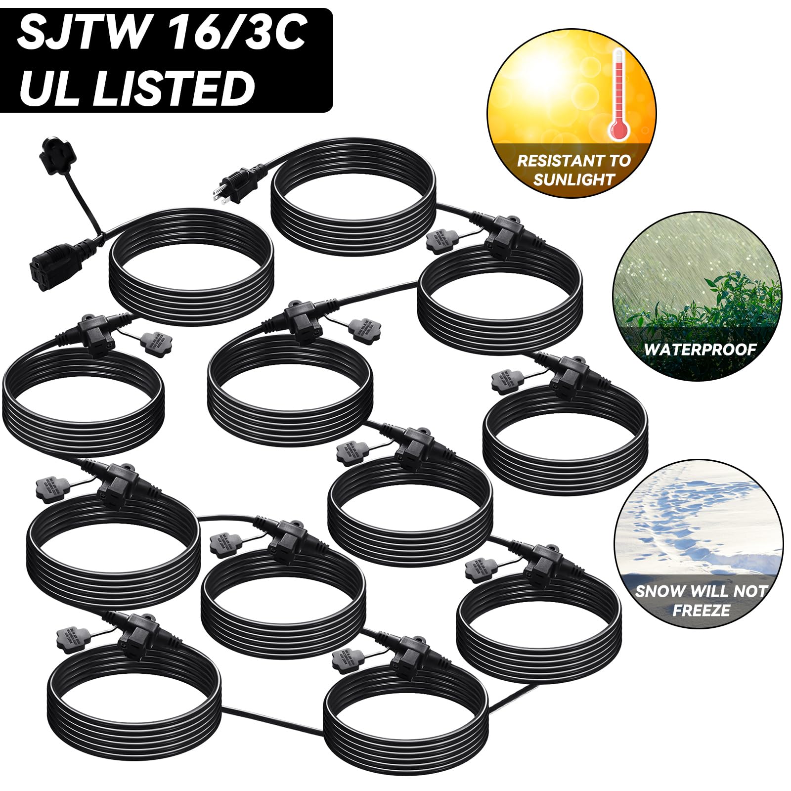 Kanayu Outdoor Extension Cord Multiple Outlets Heavy Duty Weatherproof Outlet Evenly Spaced With Waterproof Cover For Decor Hall