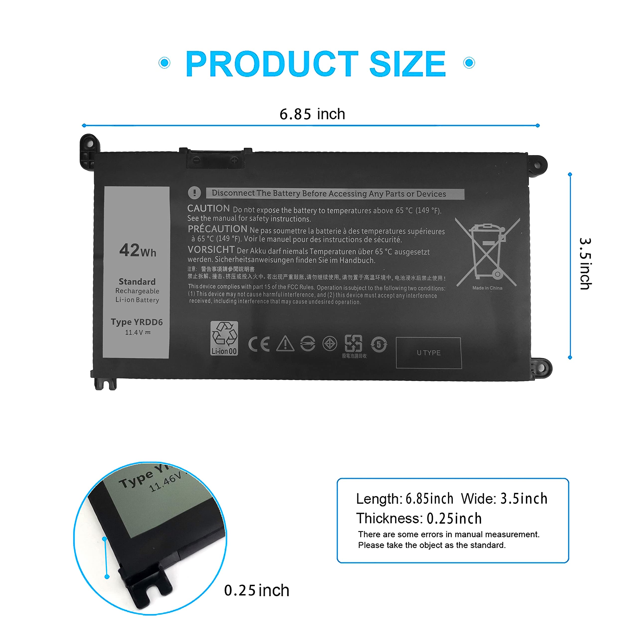 42Wh Yrdd6 Battery For Dell Inspiron 15 3582 3583 3584 P75F 3593 5584 5585 5590 5593 5594 5598 5582 7586 14 3493 5481 P93G 5482