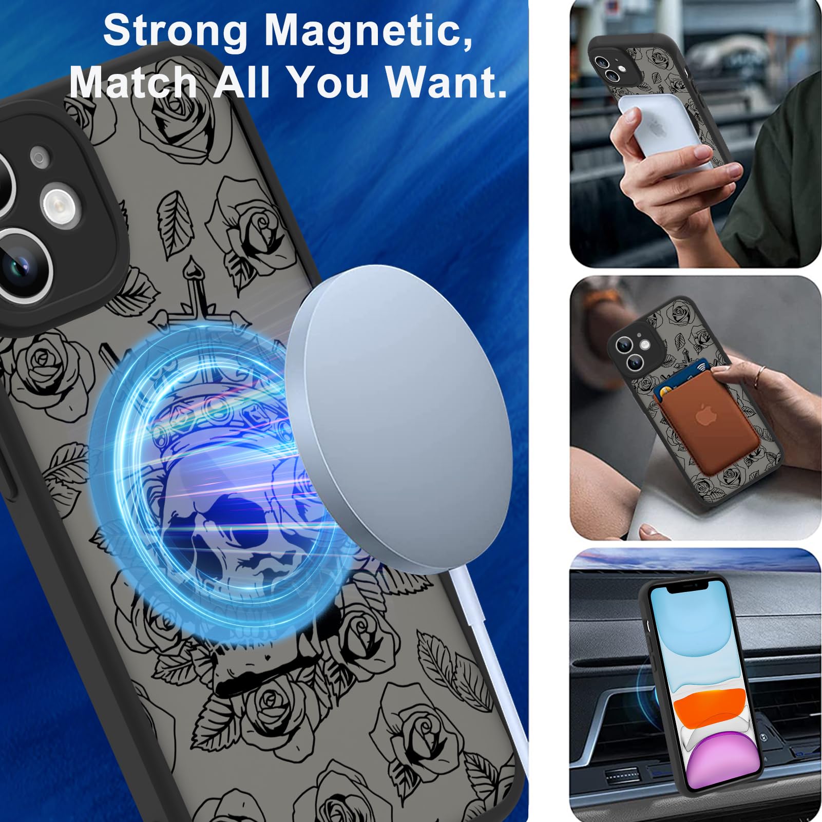 Ook Magnetic For Iphone 11 Case Black Flower Skull Pattern [Compatible With Magsafe] Slim Translucent Matte Camera Lens Protecti