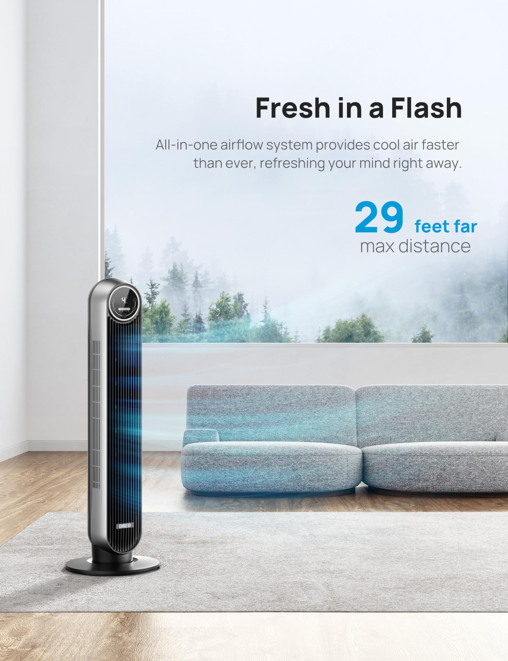 Dreo Tower Fan For Bedroom, 25Ft/S Velocity Quiet Floor Fan, 90� Oscillating Fans For Indoors With 4 Speeds, 4 Modes, 8H Timer, Standing Fans, Bladeless Fan, Silver, Nomad One (Dr Htf007)