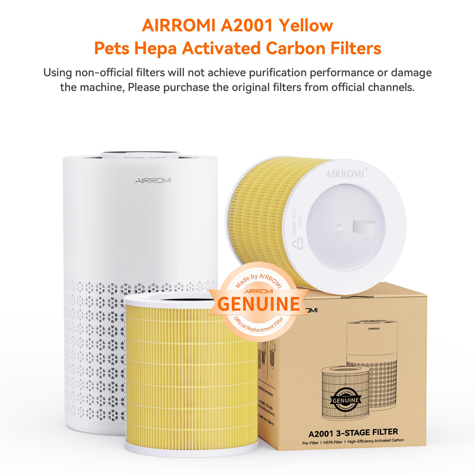 Airromi A2001 Hepa Air Purifier Replacement Filter: Original 3 In 1 Filter, Removes 99.97% Of 0.3 Micron Particles, Yellow Activ