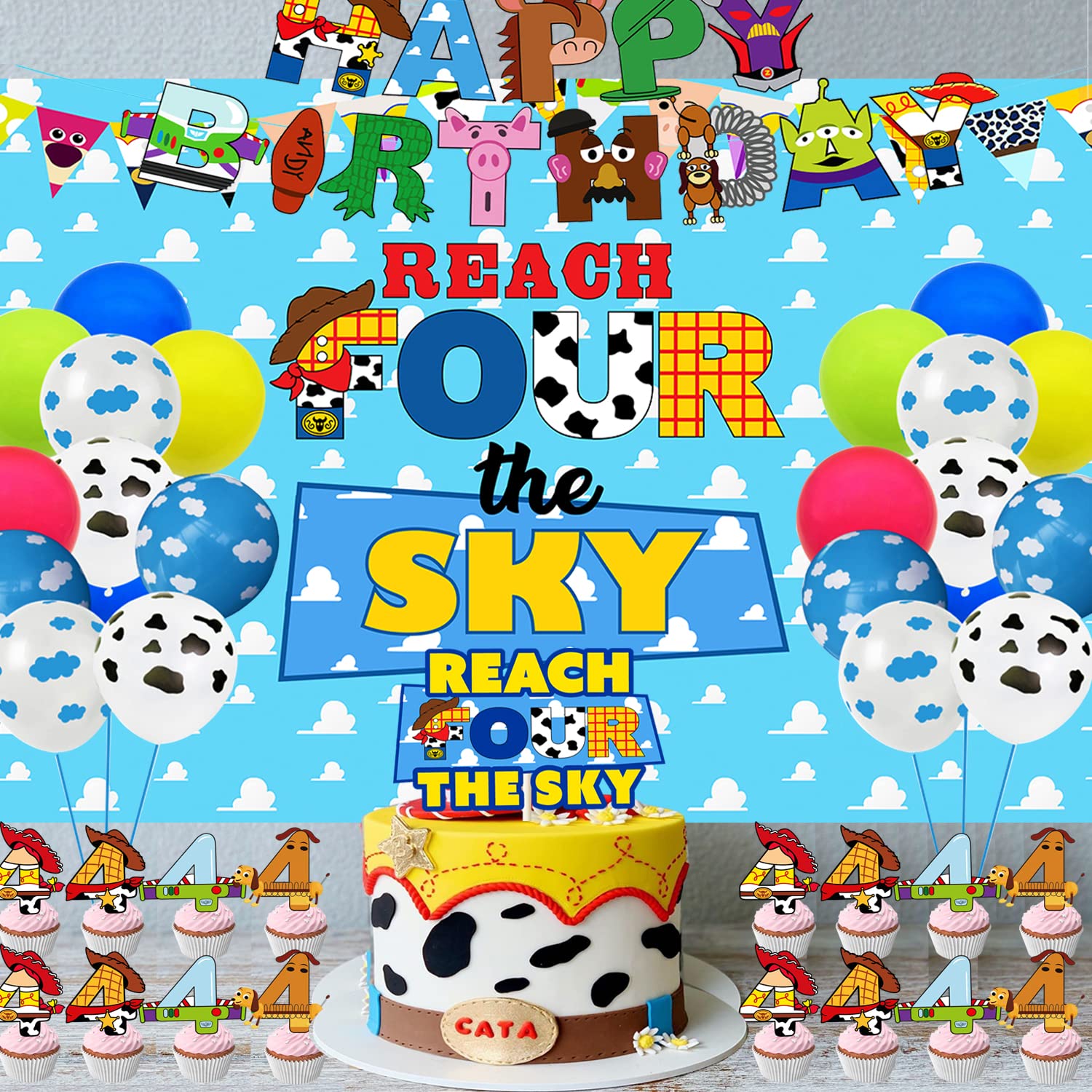 Reach Four The Sky Backdrop 4Th Birthday Party Backdrop Banner For Boys Girls 4Th Birthday Decorations 5X3Ft