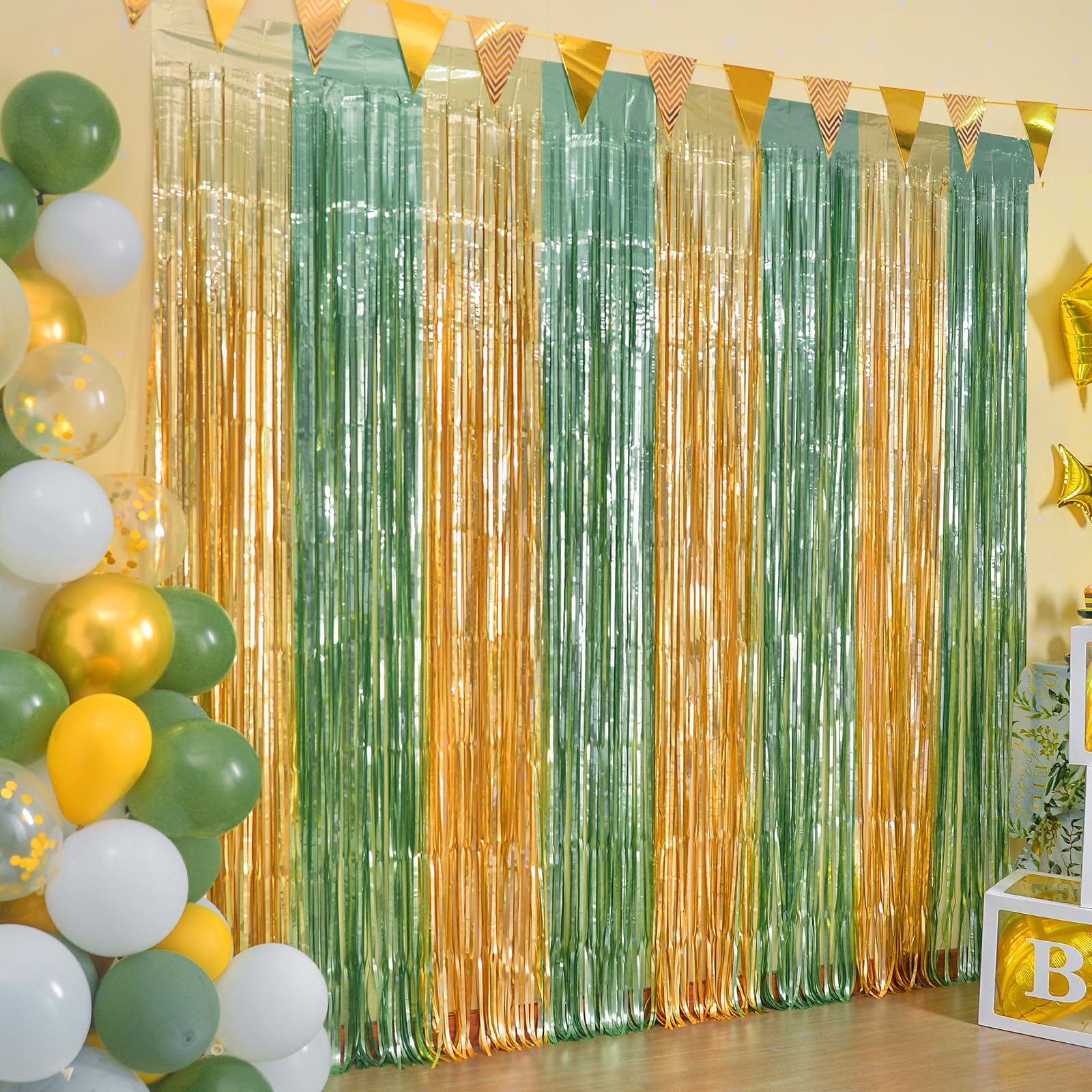 Lolstar 2 Pack Sage Green And Gold Party Decorations 3.3X6.6Ft Foil Fringe Curtains,Safari Green Baby Shower Decor Also Perfect