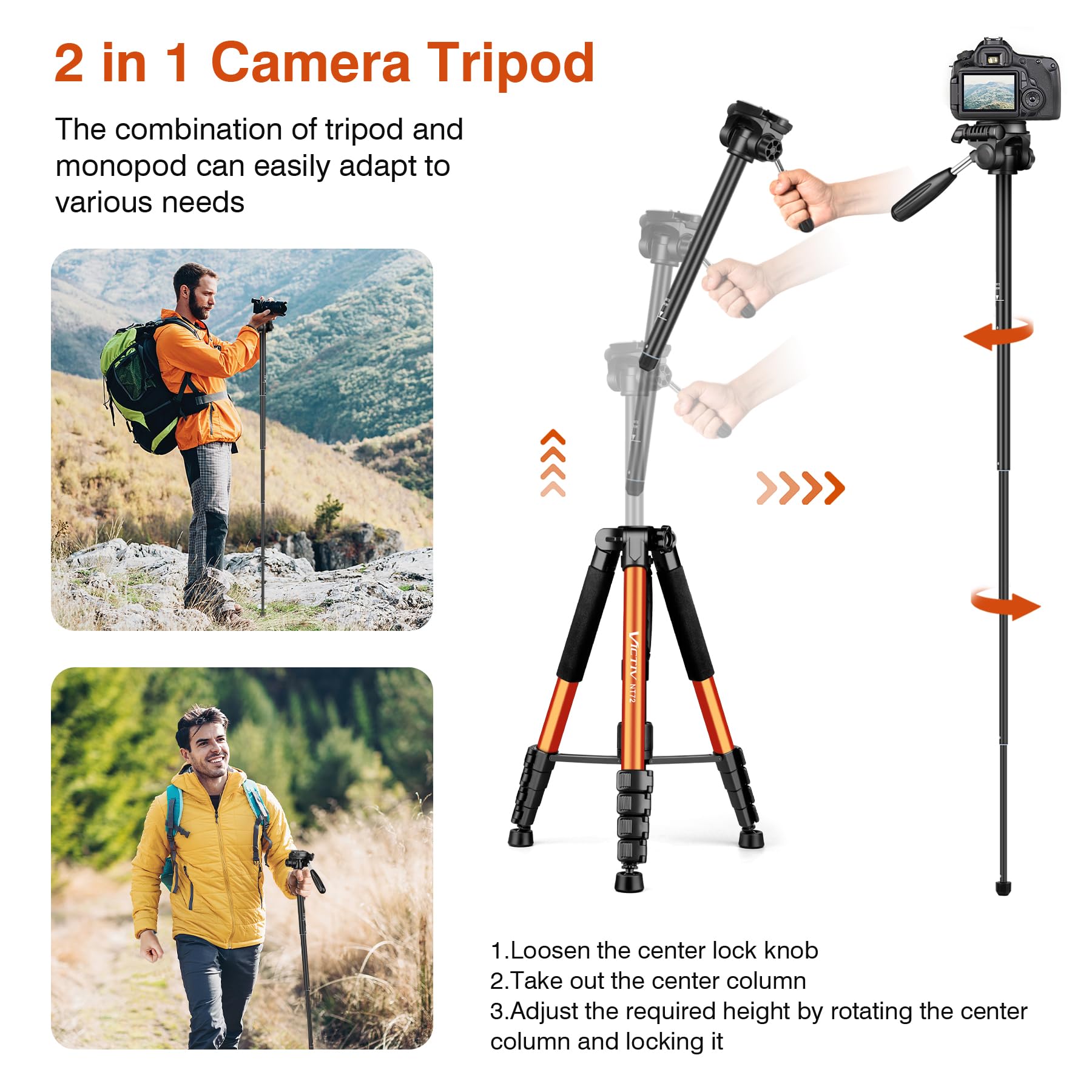 Tripod For Camera, 72' Tall Camera Tripod With Remote, Compact Camera Stand Tripod For Phone, Lightweight Dslr Tripod & Monopod, Professional Heavy Duty Tripod For Spotting Scope, Telescope, Binocular