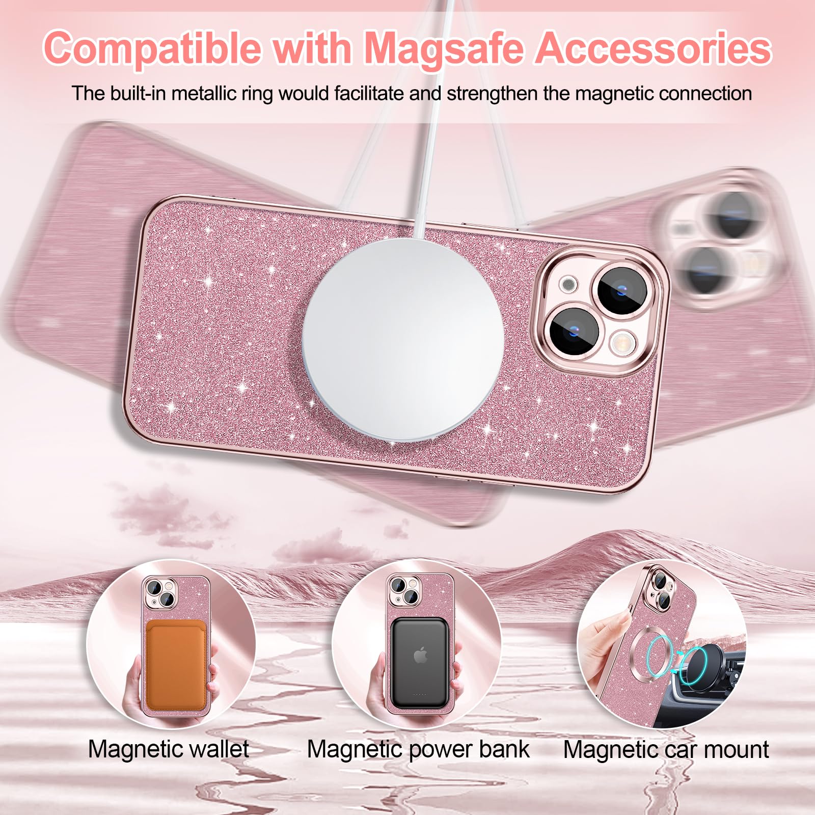 Hython For Iphone 15 Plus Case Glitter, Clear Magnetic Phone Cases With Camera Lens Protector [Compatible With Magsafe] Bling Sp