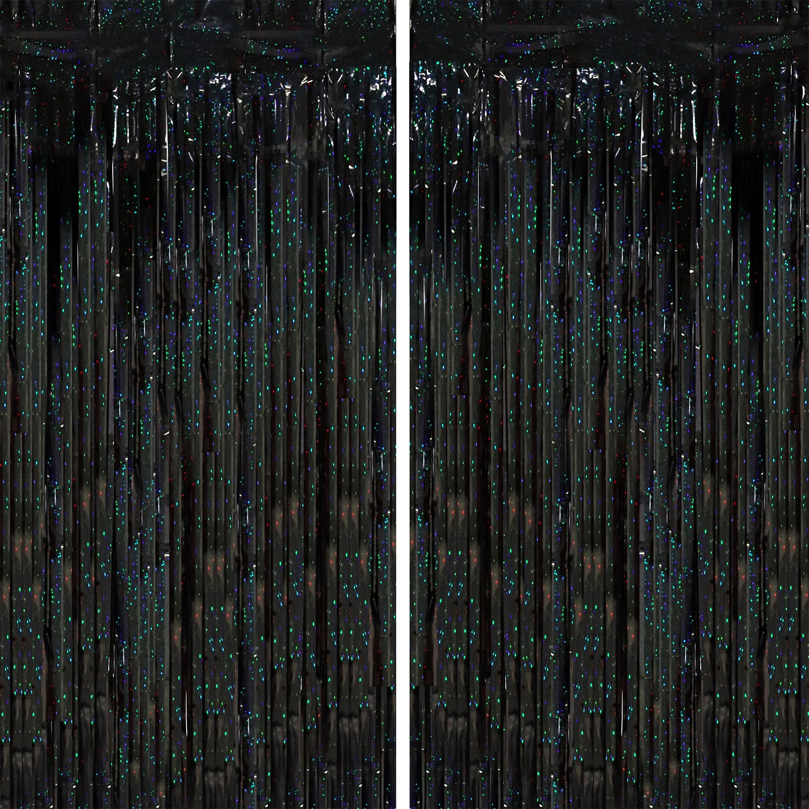Voircoloria 2 Pack Laser Black Tinsel Foil Fringe Curtains, Black Party Decorations, Metallic Tinsel Party Streamers Backdrop Fo