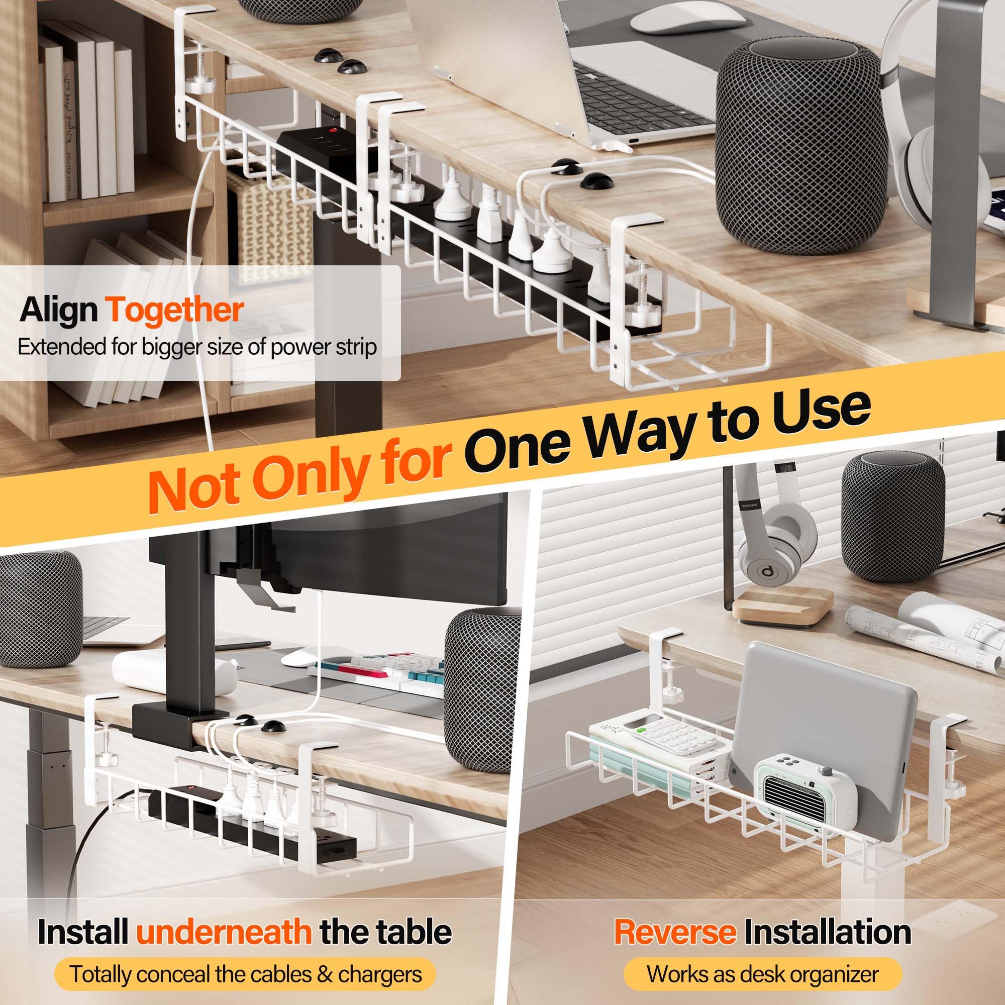 Xpatee 2 Pack Cable Management Under Desk Tray, 31.4'' No Drill Under Desk Wire Management With Upgraded Clamp, Metal Cord Organ