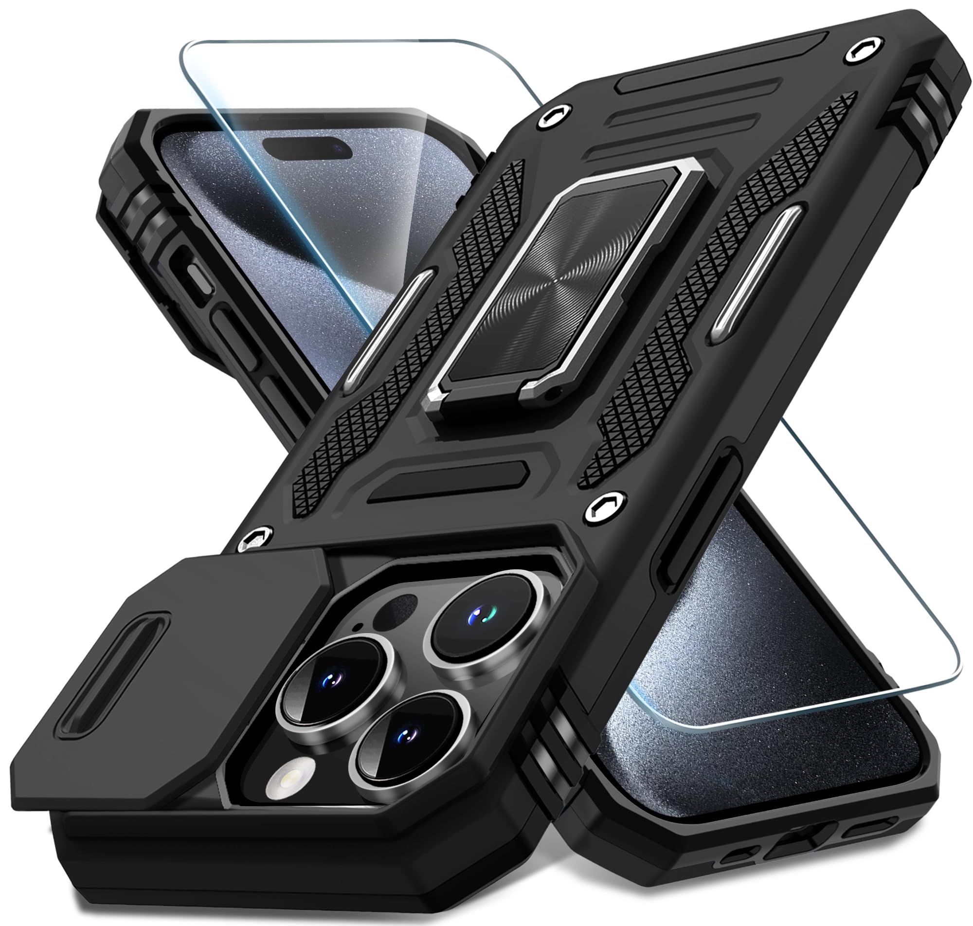 Deerlamn Case For Iphone 15 Pro Max With Slide Camera Cover+Screen Protector(1 Pack), Rotated Ring Kickstand Military Grade Shoc