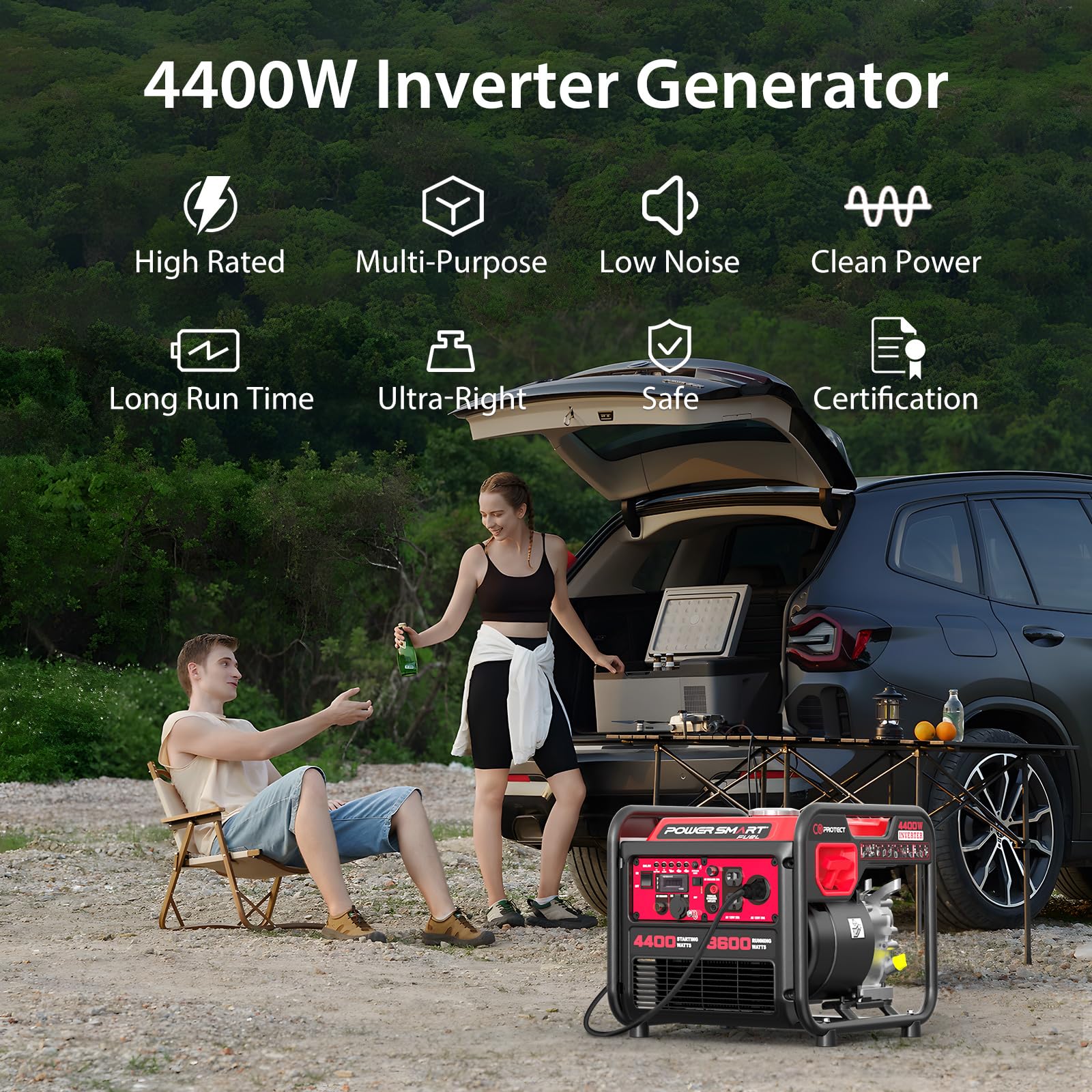 Powersmart 4400-Watt Portable Inverter Generator, Gas Powered, Co-Sensor, Lightweight & Quiet For Home Use And Emergency Backup,