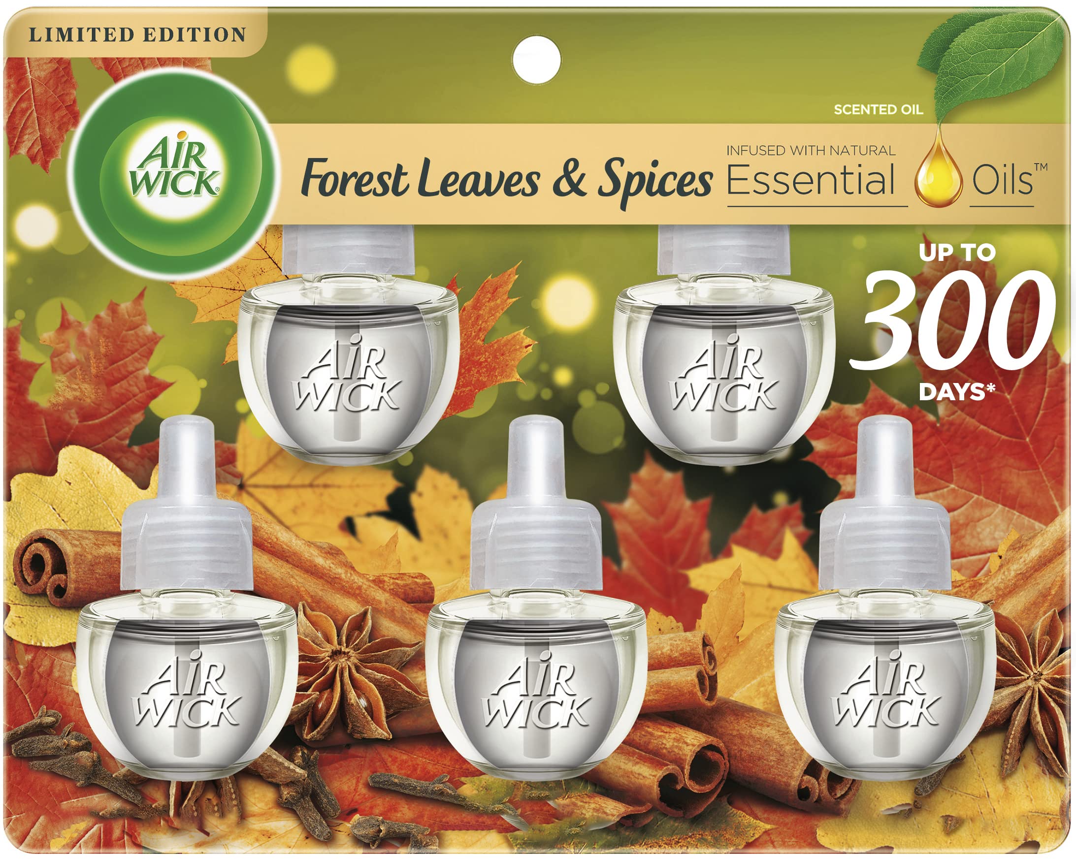 Air Wick Plug In Scented Oil Refill, 5Ct, Forest Spice & Leaves, Fall Scent, Essential Oils, Air Freshener