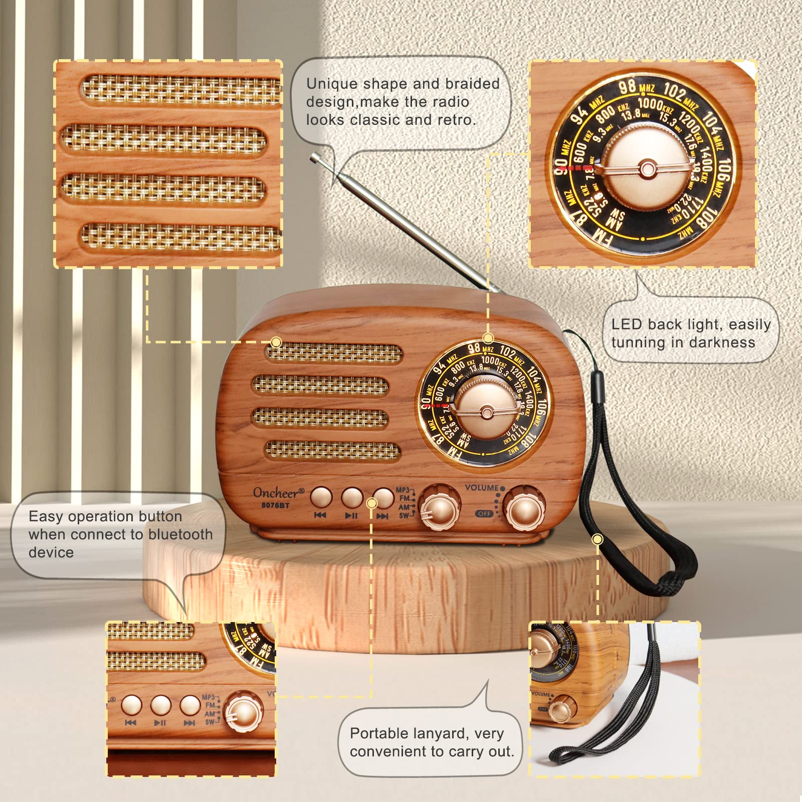 Oncheer Portable Vintage Radio Retro Bluetooth Speaker, Fm/Am/Sw Old Fashion Classic Style, Adjustable Antenna, Rechargeable Bat