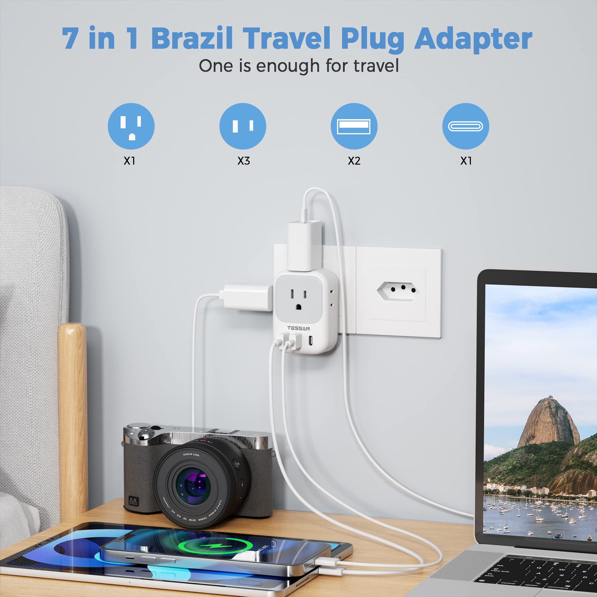 Tessan Brazil Power Adapter, Us To Brazil Travel Plug With 4 American Outlets 3 Usb Charger (1 Usb C Port), Type N Adaptor For U