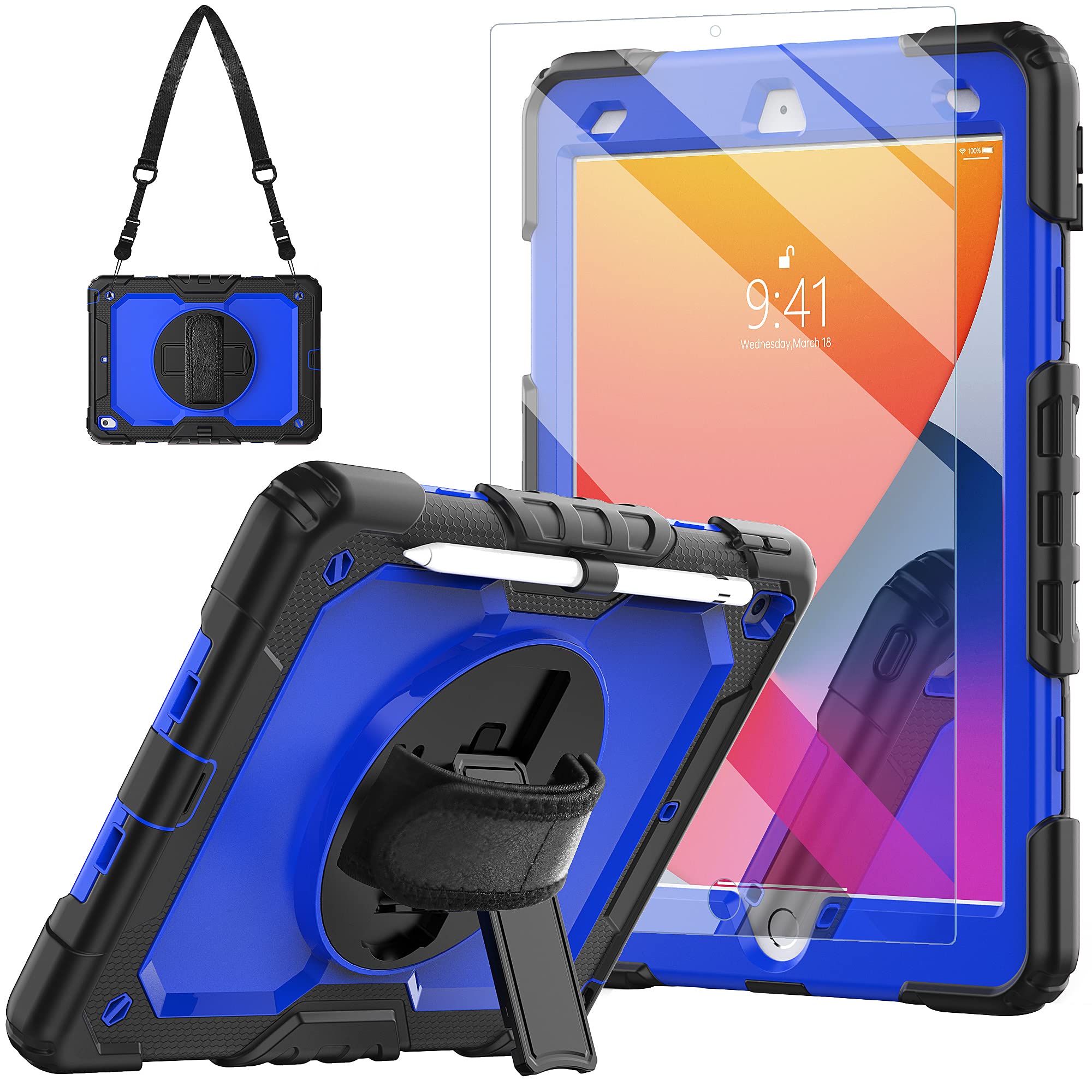 Blosomeet Case For Ipad 8Th 9Th Generation 2020 2021 10.2 Inch With Tempered Glass Screen Protector & Pencil Holder,Rugged Ipad 