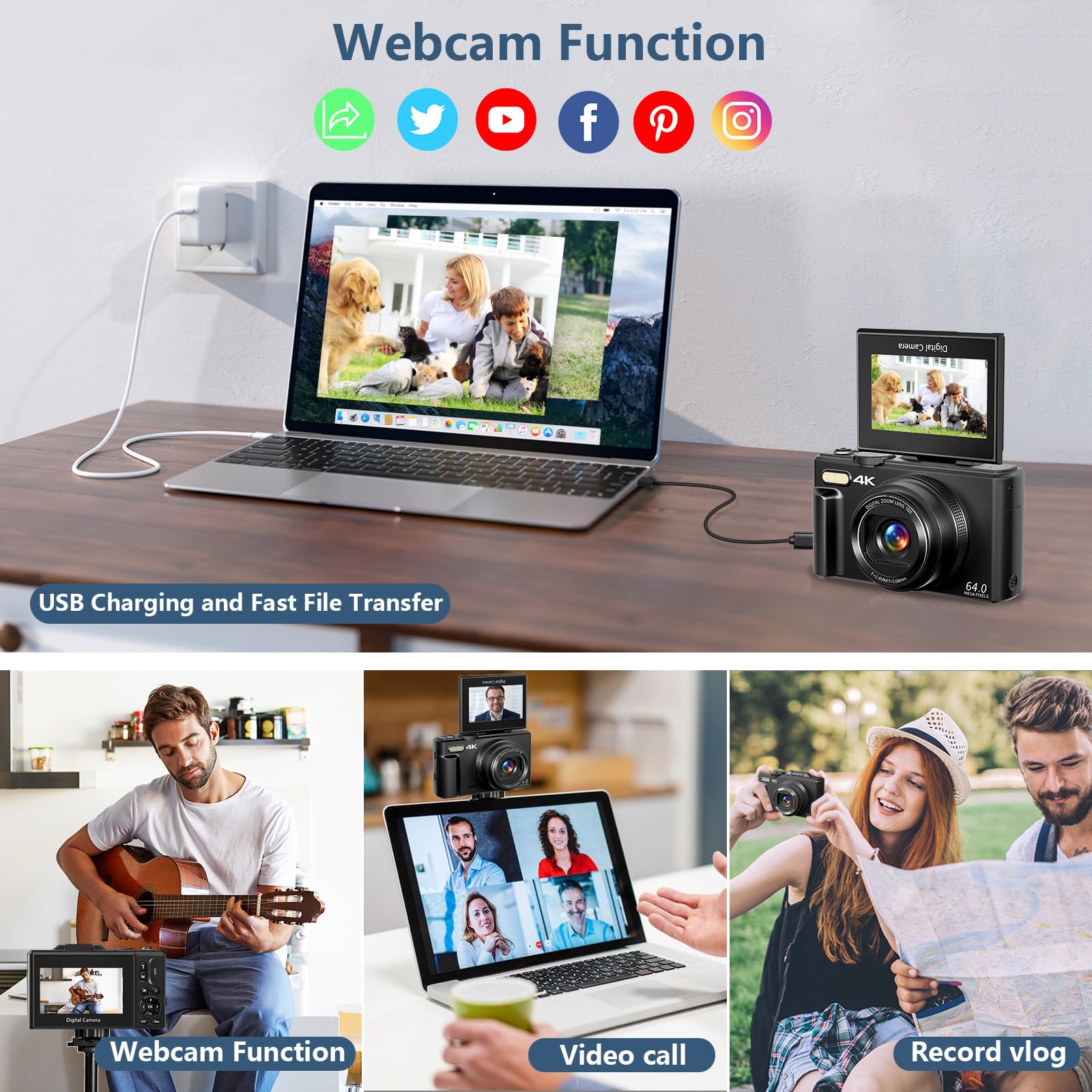 Digital Camera For Photography, 4K Vlogging Camera For Youtube 3'' 180 Flip Screen 18X Digital Zoom Compact Retro Camera With 32