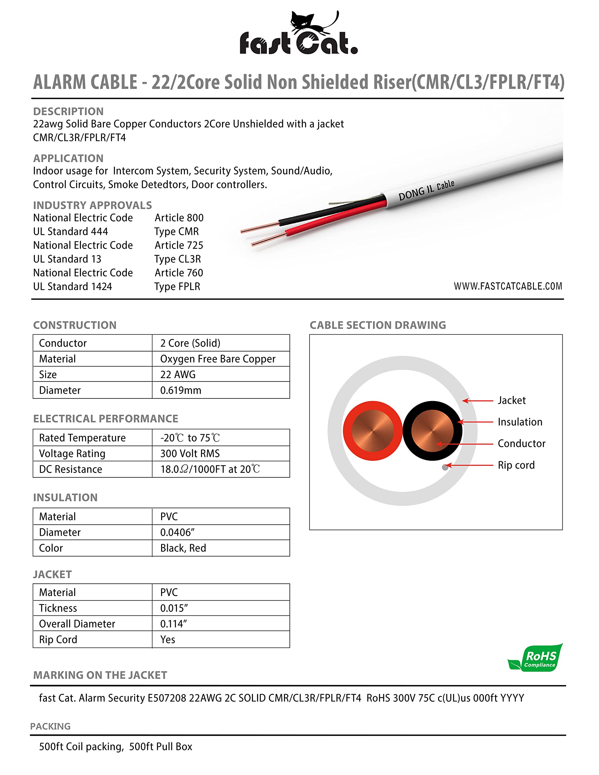Fast Cat. 22 Awg/Gauge, 2 Conductor 500Ft, White Fire/Alarm/Security Cable   Pvc Jacket, Unshielded, (Cmr Cl3R Ft4) Rated In Wall Use  Ul Rated   Coil