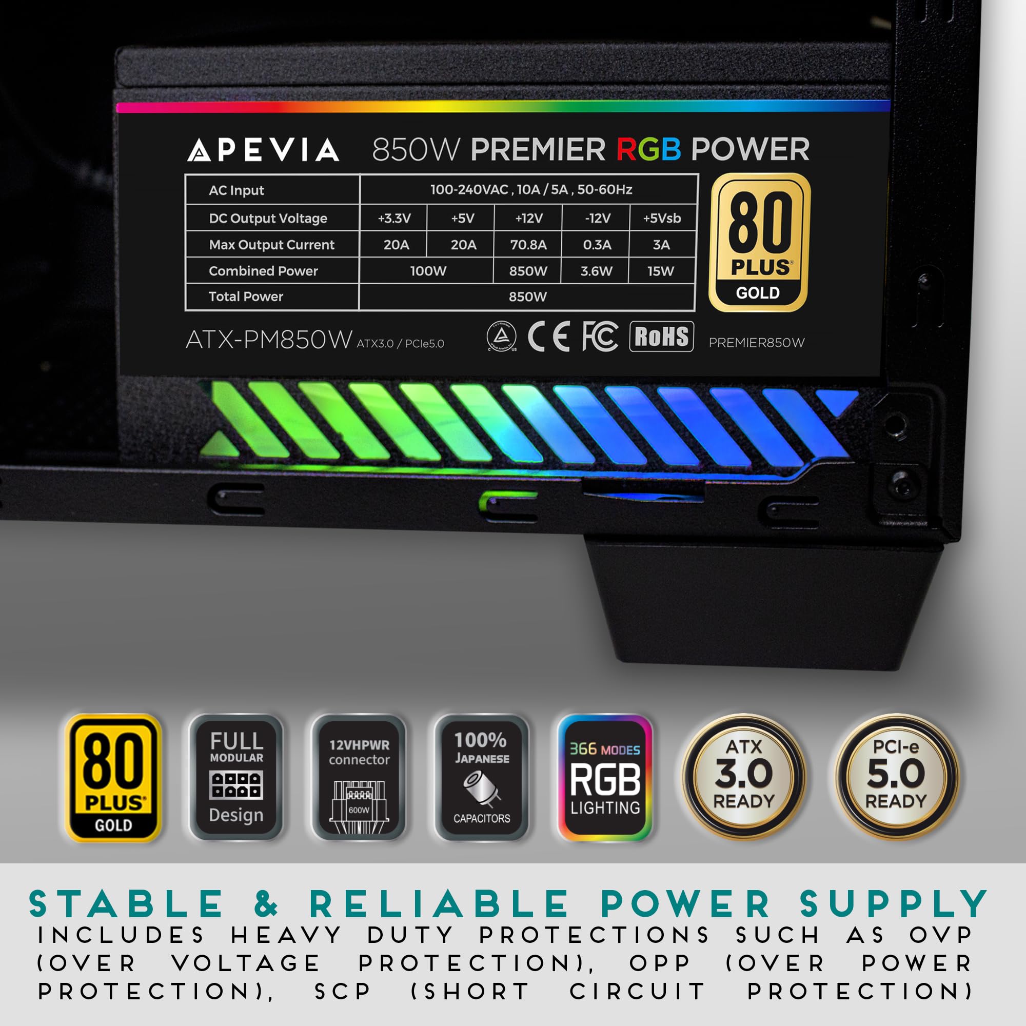 Apevia Atx Pm850W Pcie 5.0 Atx 3.0 Ready Premier 850W 80+ Gold Certified, Active Pfc Atx Semi Modular Gaming Power Supply, 366 R