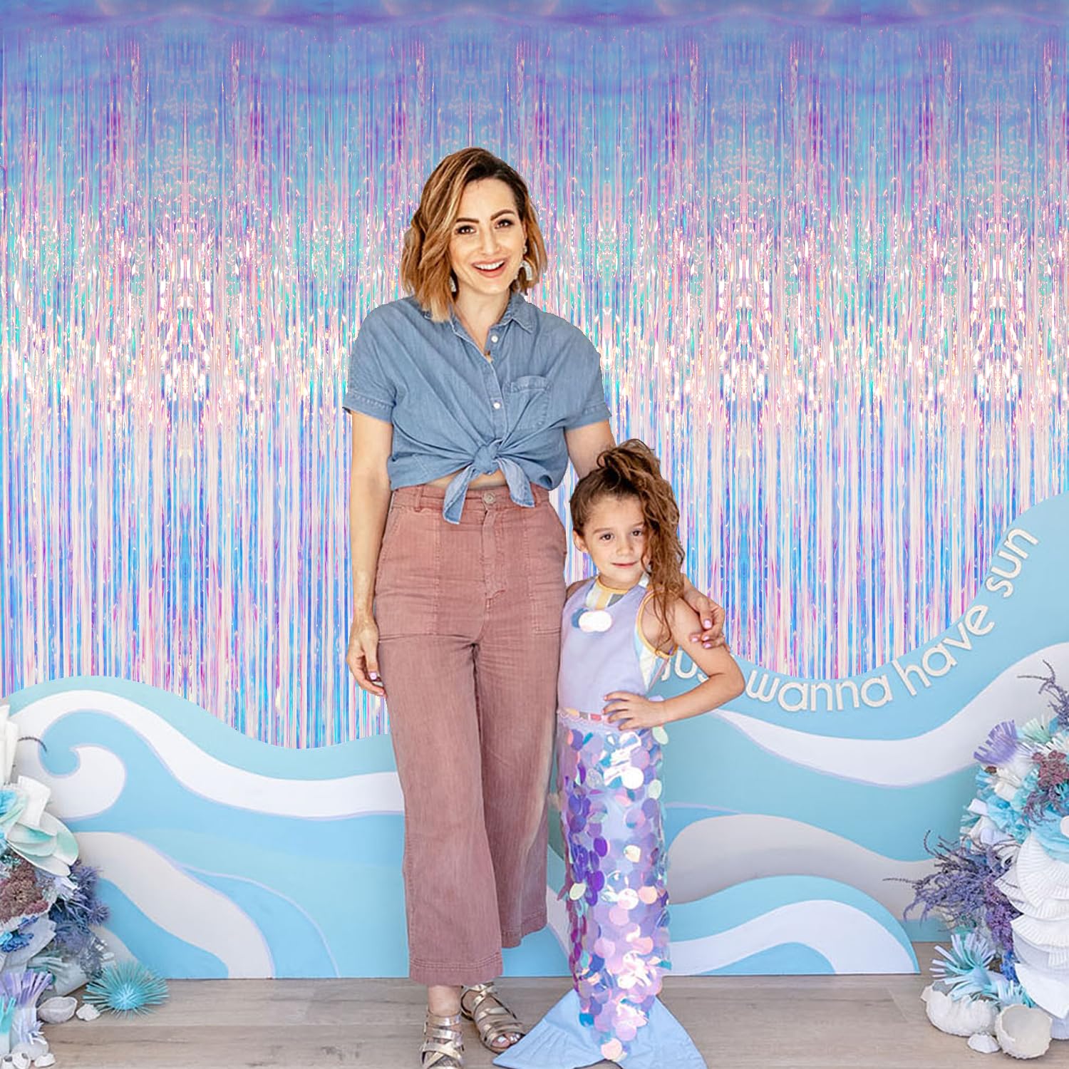 Goer 6.4 Ft X 6.5 Ft Metallic Tinsel Foil Fringe Curtains,Pack Of 2 Party Streamer Backdrop For Mermaid Birthday Party Decoratio