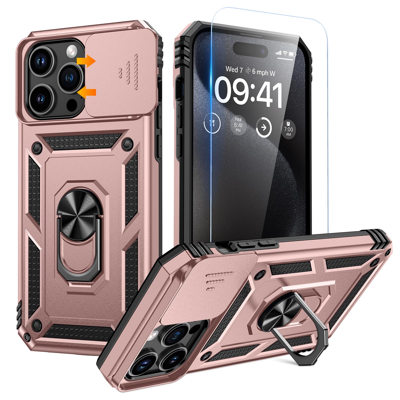 Goton For Iphone 15 Pro Max Case With Screen Protector   Slide Camera Cover Protective Phone Case With Ring Stand, Heavy Duty Sh