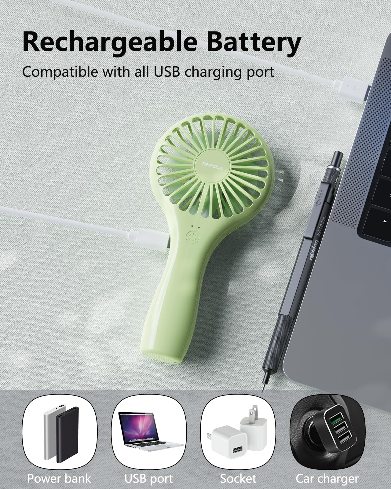 Tripole Mini Handheld Fan Personal Portable Fan, Battery Operated Rechargeable Fan Speed Adjustable Powerful Small Eyelash Fan F
