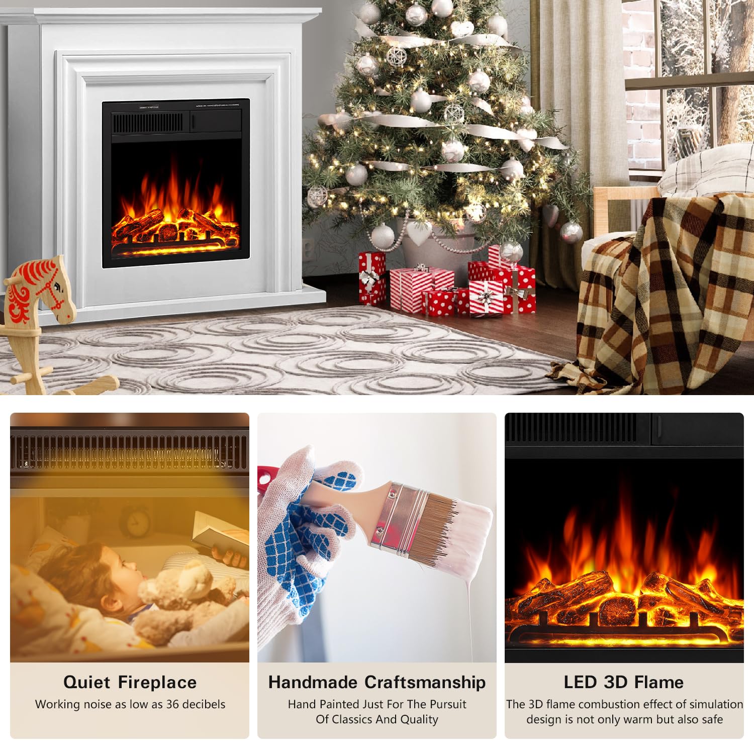 R.W.Flame Electric Fireplace Mantel Wooden Surround Firebox, 36  Pearl White Tv Stand With Freestanding Electric Fireplace,Remot