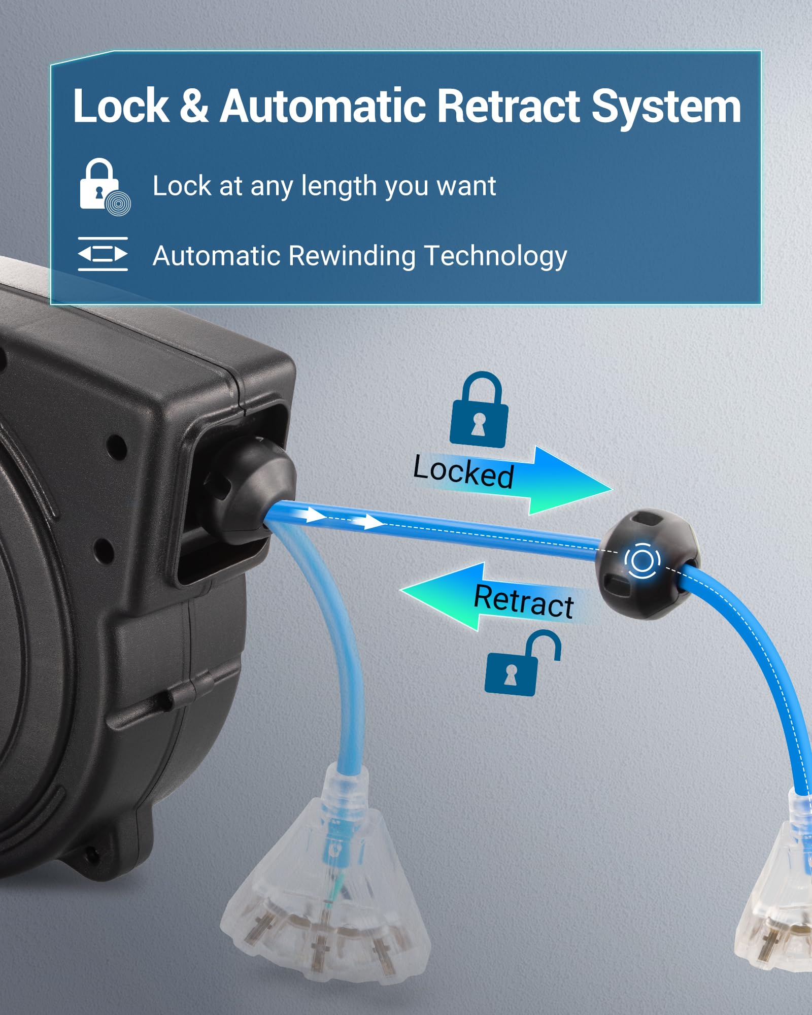 Dewenwils Retractable Extension Cord Reel, 50 Ft Heavy Duty Power Cord, 14Awg/3C Sjtow, 3 Grounded Outlets Lighted Triple Tap, 1