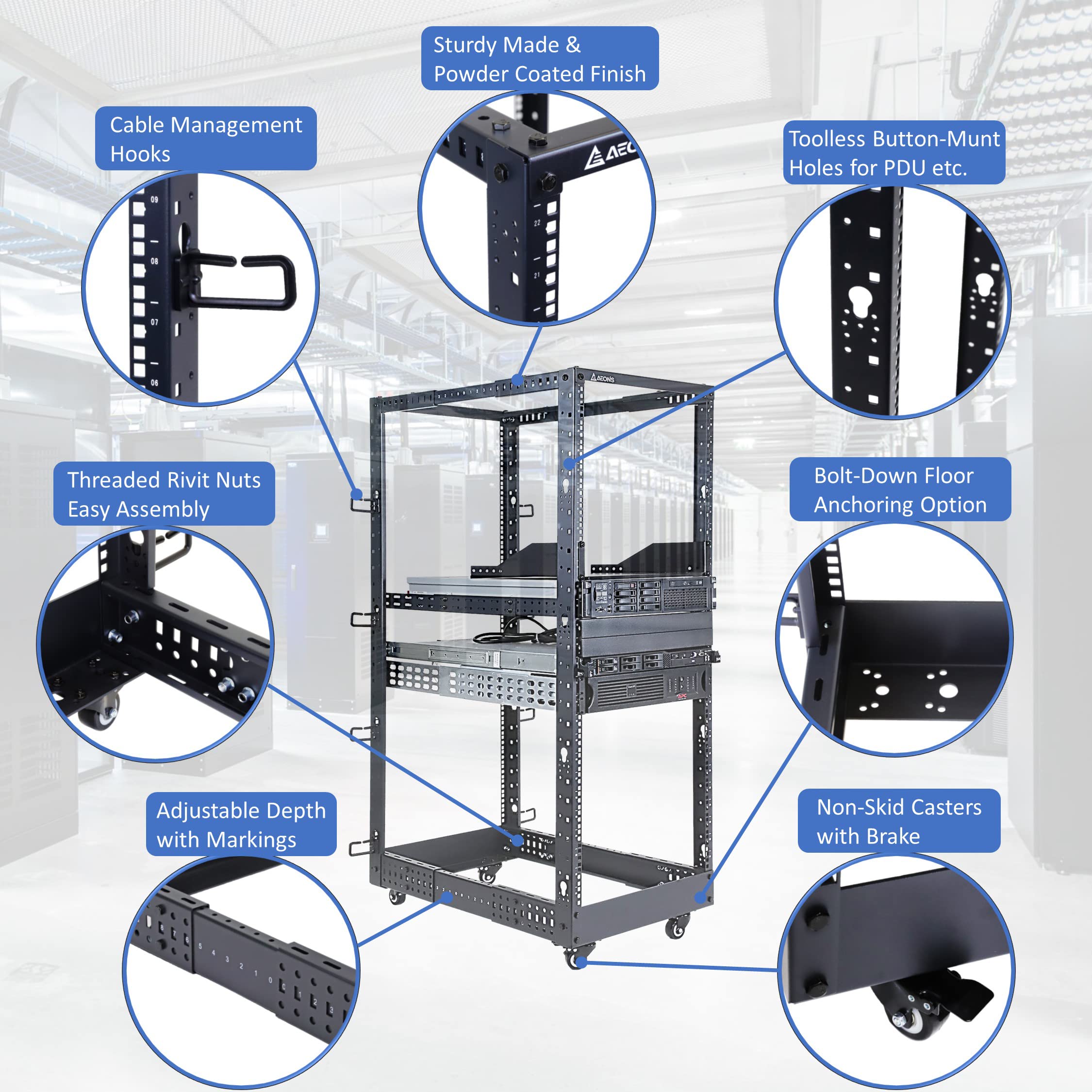 Aeons 27U 4 Post It Open Frame Server Rack 19 Inch Depth Adjustable (22' To 40') Network Equipment Av Gear W/Casters And Cable Management