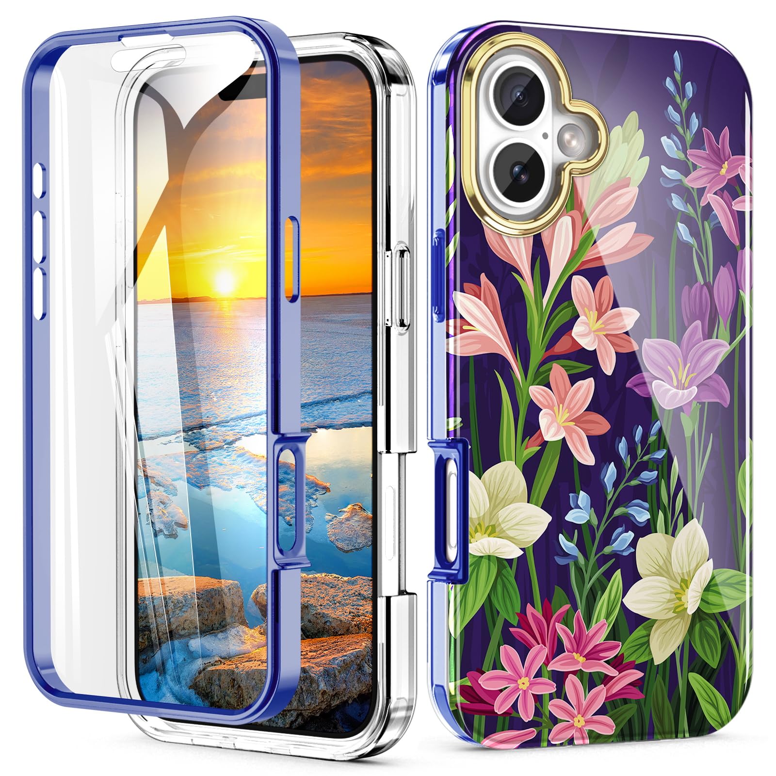 Turquiase Cute Flower Case For Iphone 16 Plus 6.9 Inch Built With Screen Protector, Lightweight And Stylish Full Body Shockproof