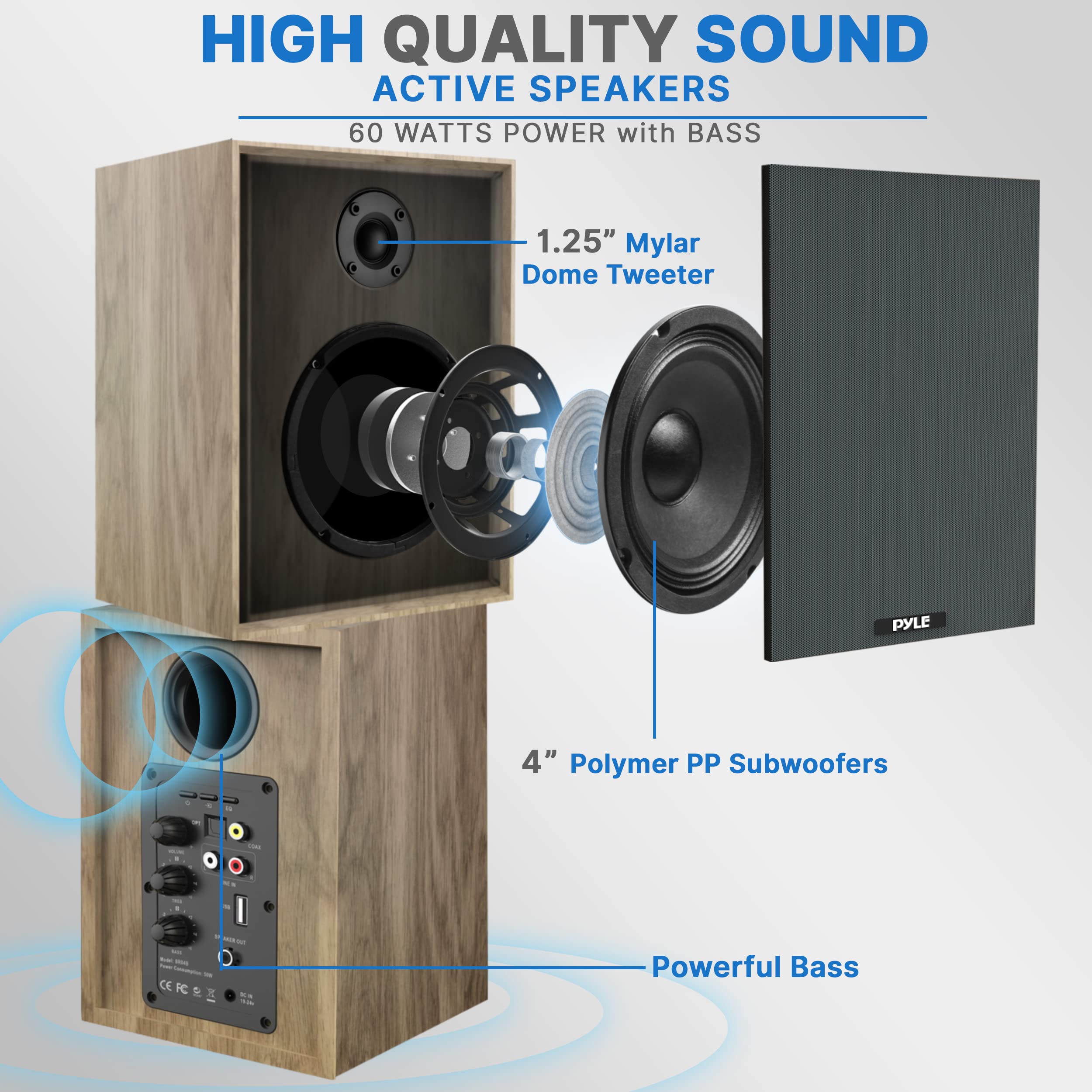 Pyleusa Powered Bookshelf Speaker Monitors Hifi Studio Monitor Computer Desk Stereo Speaker System Opt/Coax/Rca/Usb/Aux Out Conn