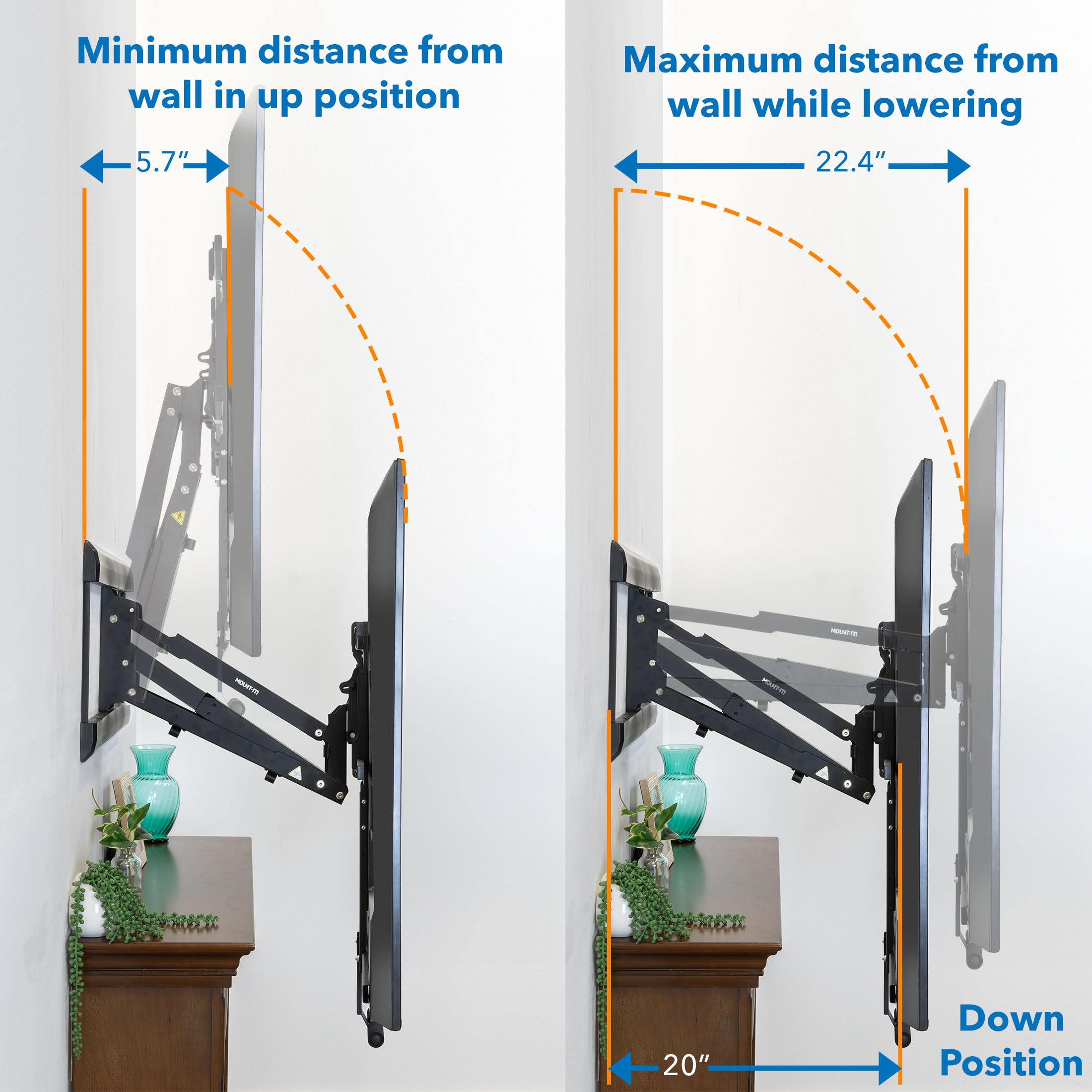 Mount It! Fireplace Mantel TV Wall Mount, Above Fireplace Drop Down TV Mount, Pull Down TV Mantle Mount with Spring Assist, TV Sizes 42 65 inches with VESA from 100x100 to 600x500, max 55 lbs Weight
