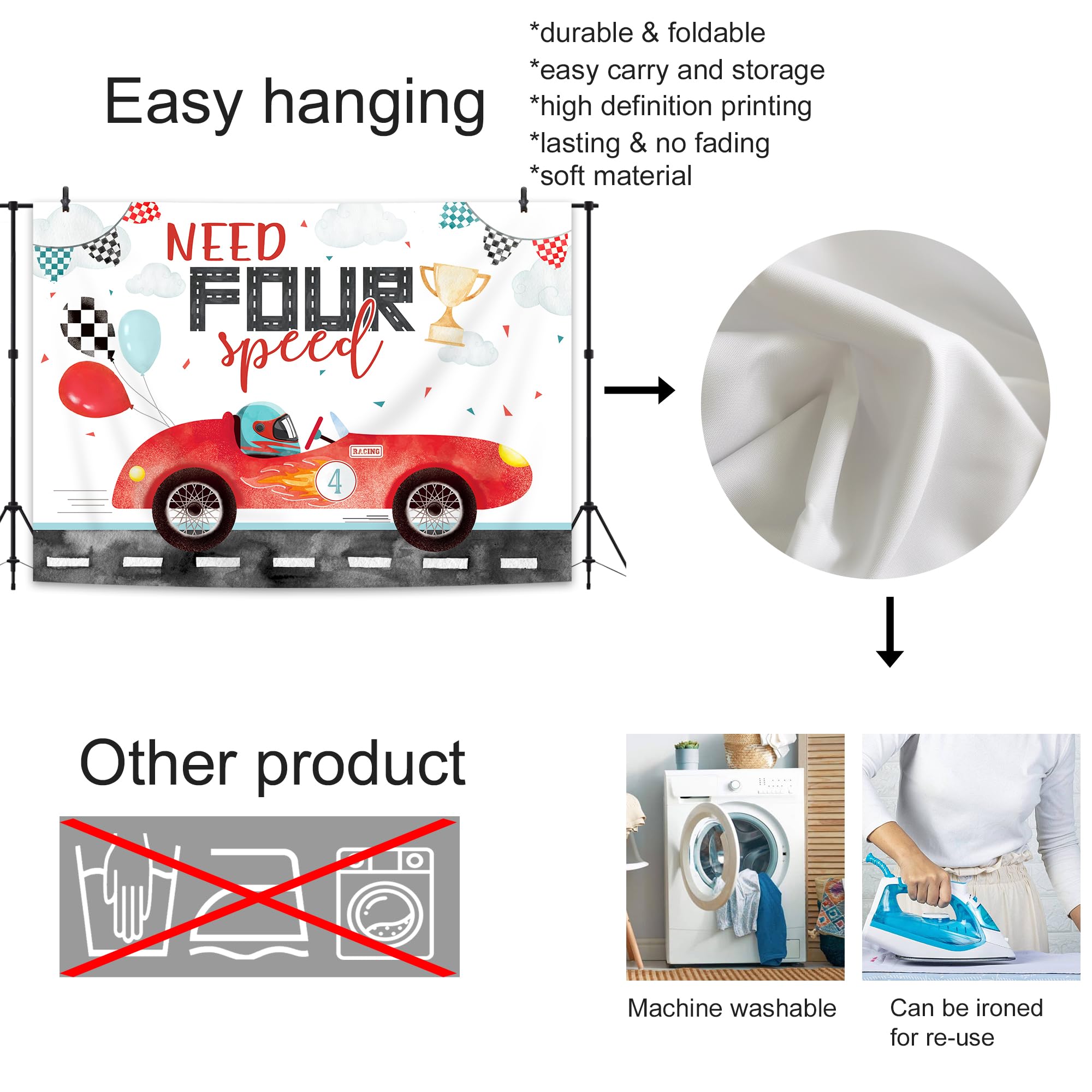 Glawry Need 4 Speed Birthday Backdrop 7Wx5H Feet Watercolor Red Racing Car Cartoon Cute Balloons Cool Boys Kids 4Th Birthday Par